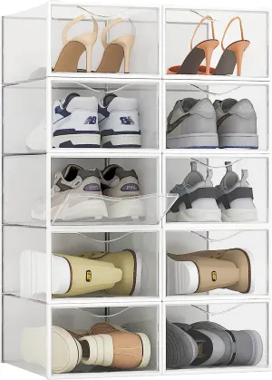 10 Pack Shoe Storage Boxes, Clear Plastic Stackable Shoe Organizer Bins, Drawer Type Front Opening Sneaker Shoe Holder Containers