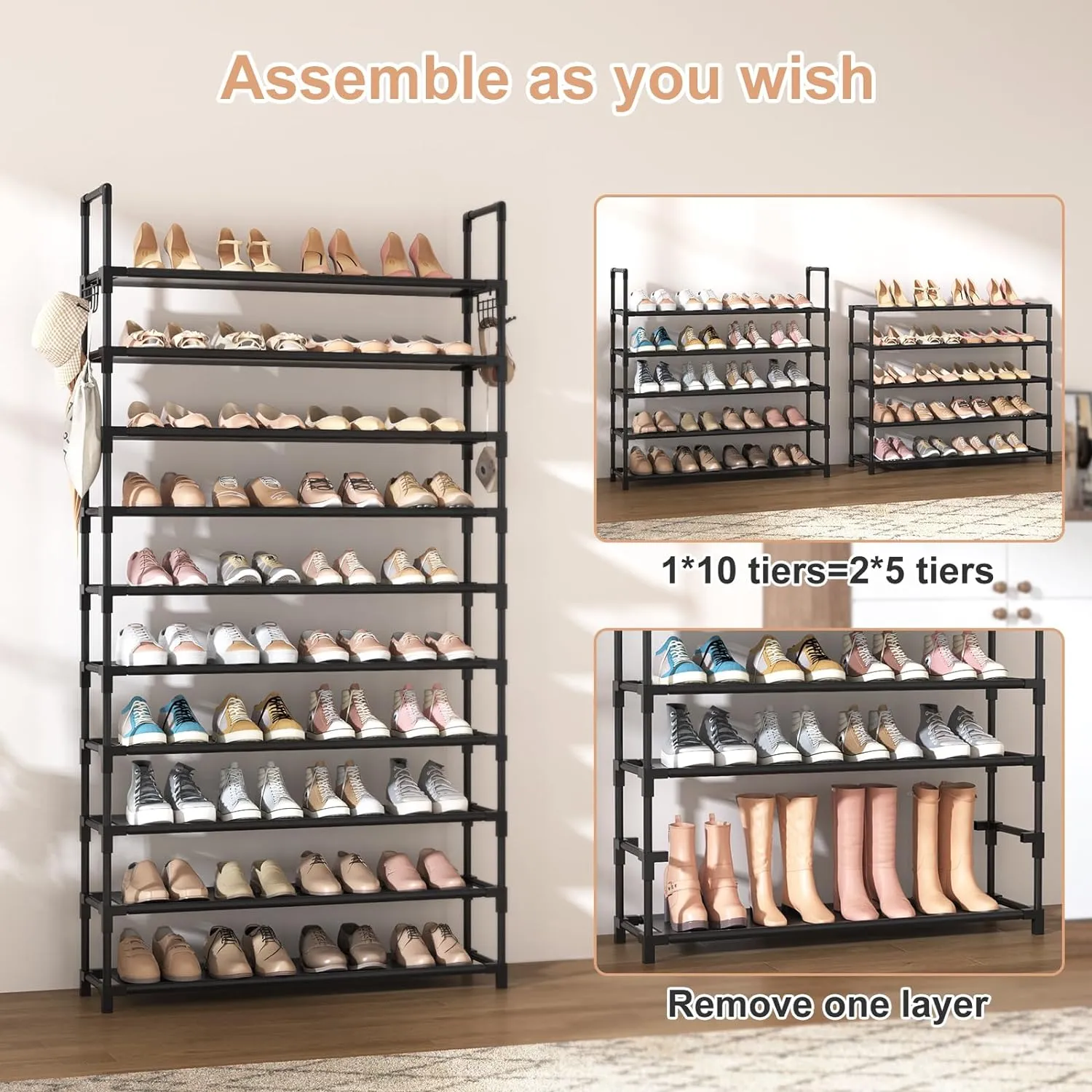 10 Tiers Shoe Rack Tall Large Capacity 50 Pairs Wide Shoe Organizer Sturdy Shoe Shelf for Entryway with Two Hooks Metal Shoe Storage for Closet, Bedroom, Black