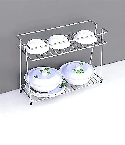 12FOR COLLECTION Stainless Steel Spice 2-Tier Container Organiser/Basket for Boxes Utensils Dishes Plates for Home (Multipurpose Kitchen Storage Shelf Shelves Holder Stand Rack, Corner Shelf)