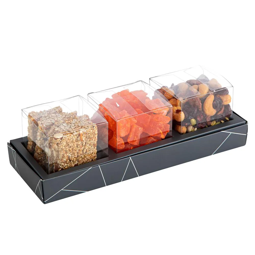 3 Square Shaped Clear Boxes With Rectangle Tray Gray 11" X 3.9" X 1.3" 12 Pack