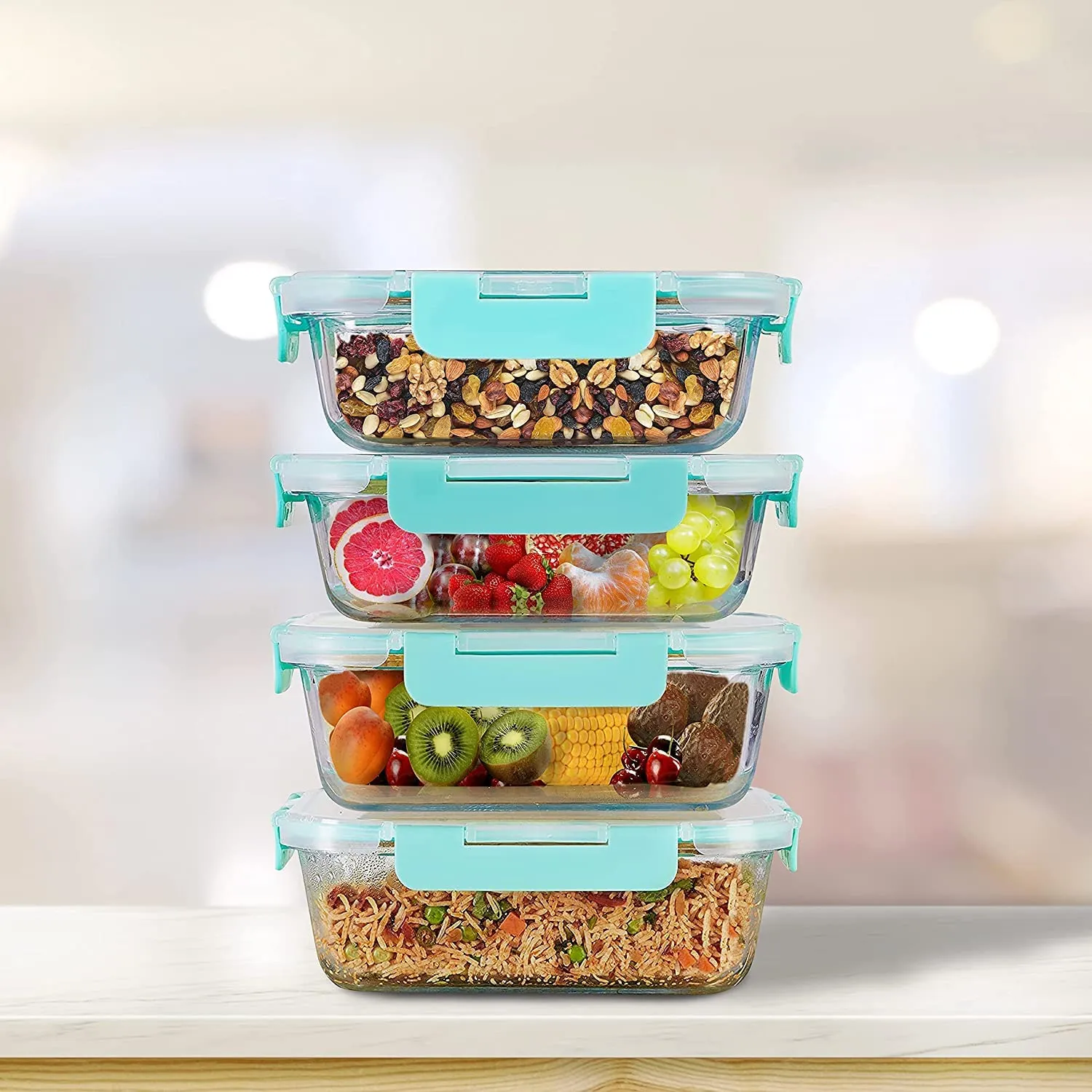 Amazon Brand - Solimo Multipurpose Glass Containers/Lunch Boxes for Office with Break-Free, Detachable Locks, Airtight, Leakproof, Microwave-Safe, Freezer-Safe, Set of 4, Rectangle (1,500 ml Each)