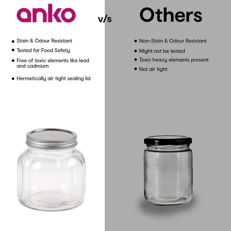 Anko 700ML Fluted Jar|Ideal For Sauces, Jams Or Pickles|Food Storage| Kitchen Container| Rounded Glass Jar With Wide Mouth Lid|BPA Free| Fluted Design|11.4cm (H) X 11.6cm (Dia.)| Clear|Set Of 4