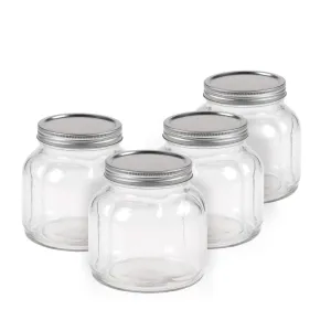 Anko 700ML Fluted Jar|Ideal For Sauces, Jams Or Pickles|Food Storage| Kitchen Container| Rounded Glass Jar With Wide Mouth Lid|BPA Free| Fluted Design|11.4cm (H) X 11.6cm (Dia.)| Clear|Set Of 4