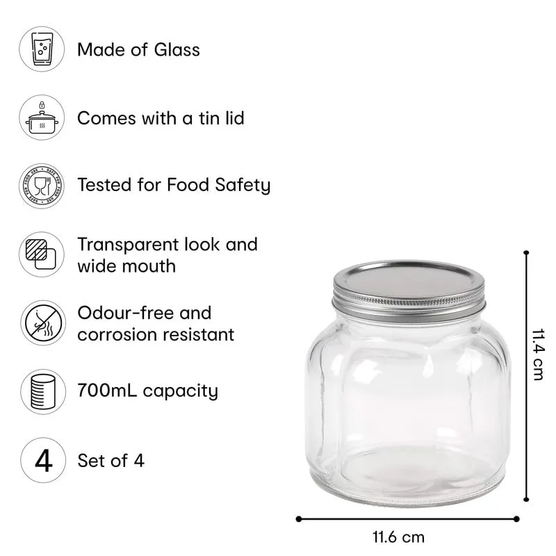 Anko 700ML Fluted Jar|Ideal For Sauces, Jams Or Pickles|Food Storage| Kitchen Container| Rounded Glass Jar With Wide Mouth Lid|BPA Free| Fluted Design|11.4cm (H) X 11.6cm (Dia.)| Clear|Set Of 4