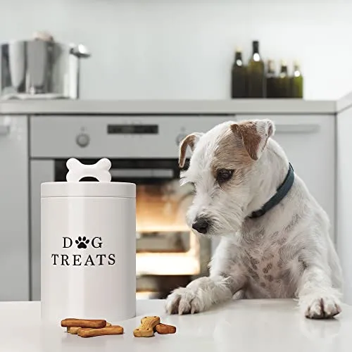 Barnyard Designs Large Dog Treat Container Airtight, Cute Dog Treat Jar, Large Dog Treat Containers with Lids, Rustic Dog Treat Storage Container, Ceramic Dog Treat Jars for Kitchen Counter, White