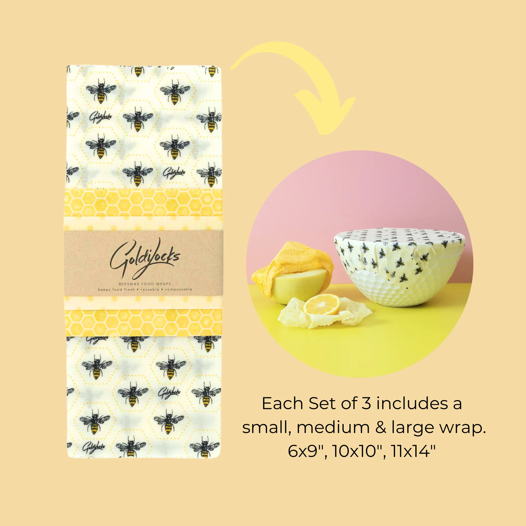 Beeswax Food Wraps: Honey Bees Set of 3