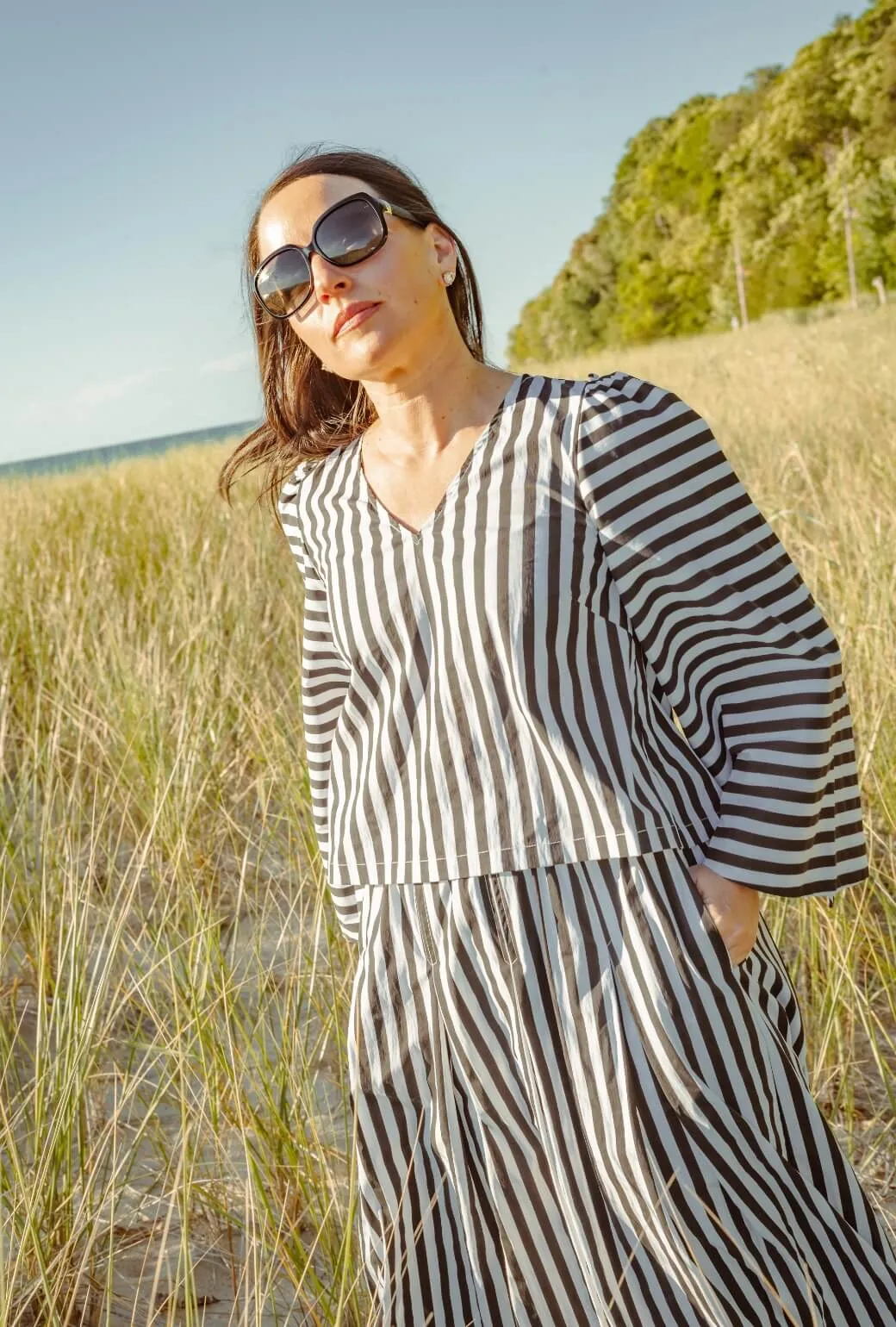 Bell Sleeve V-Neck Top - Black and White Stripe