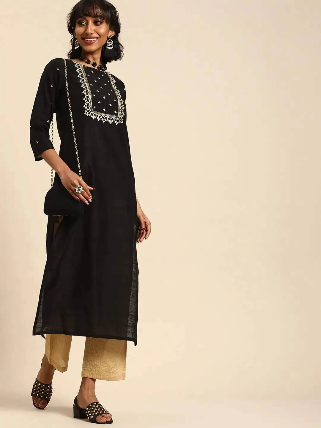 Black & Beige Zari Yoke Design Kurta with Palazzo