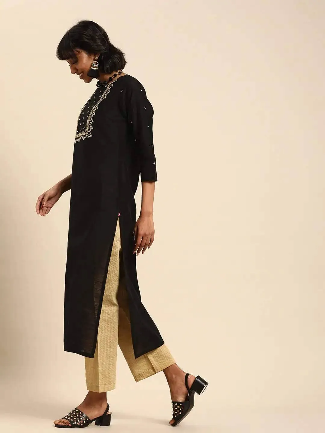 Black & Beige Zari Yoke Design Kurta with Palazzo