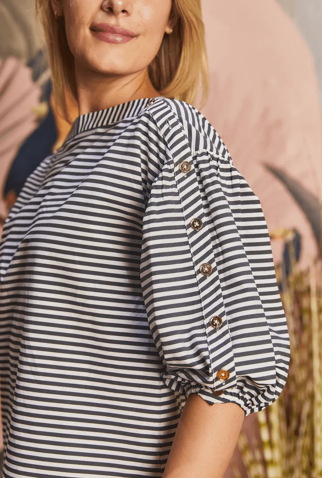 Button Sleeve Top - Black and White Stripe