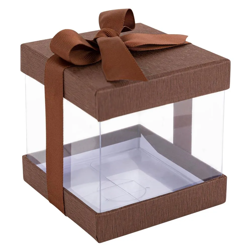 Clear Plastic Gift Boxes Brown 4x4x4" 12 Pack Bakery Boxes With Base Lid & Ribbon