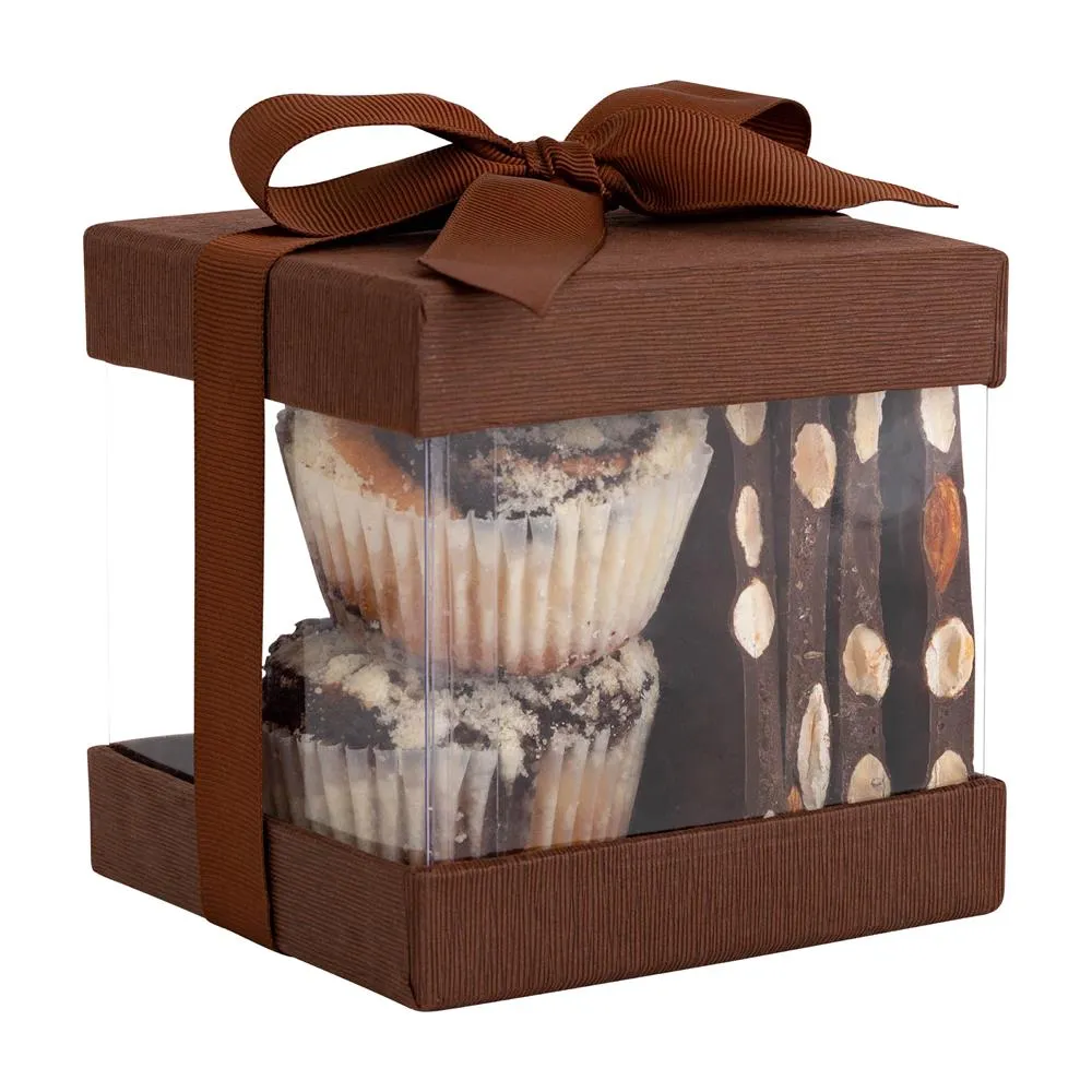 Clear Plastic Gift Boxes Brown 4x4x4" 12 Pack Bakery Boxes With Base Lid & Ribbon