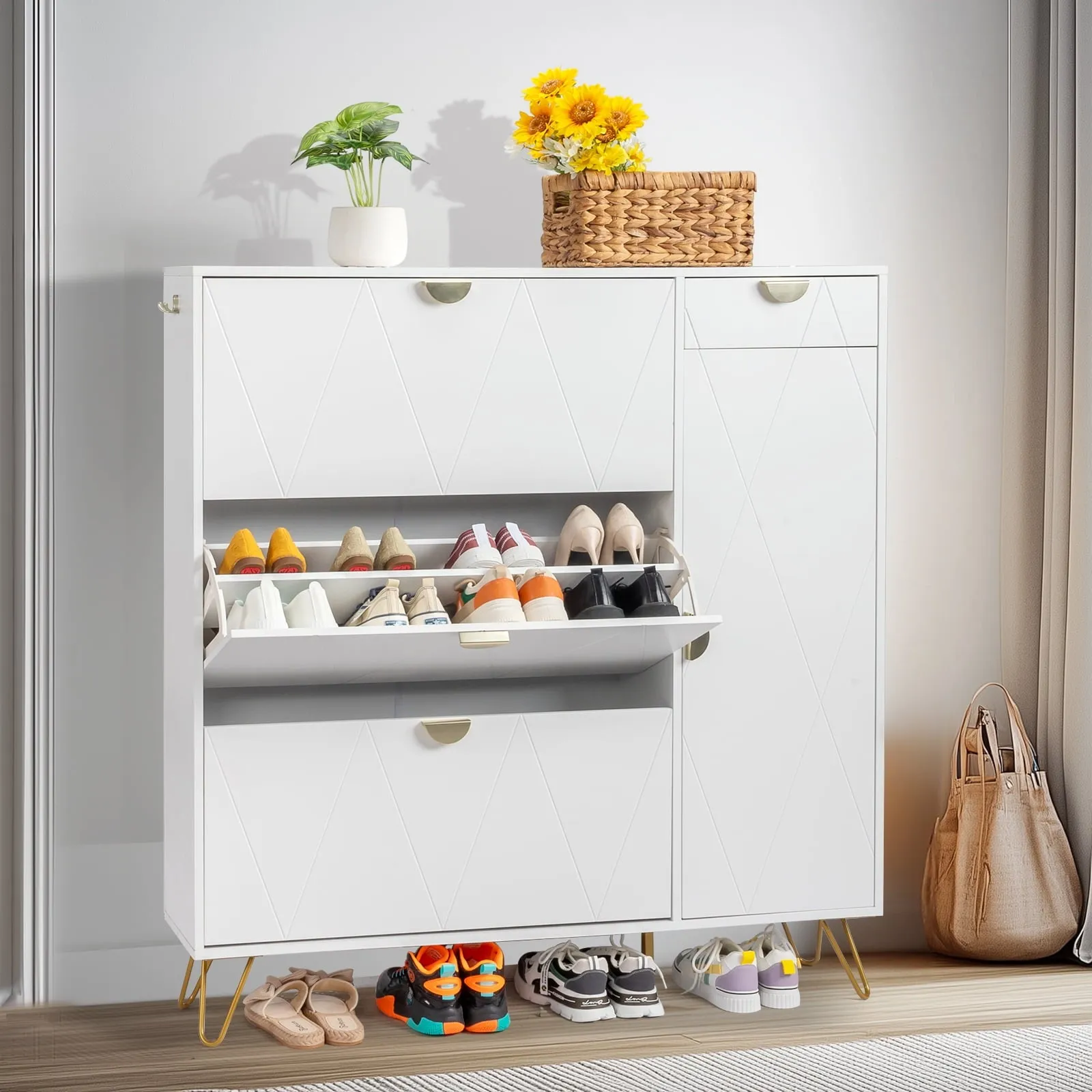 cozy Modern Shoe Cabinet for Entryway 3 Flip Drawers & 1 Cabinet Shelves Rack and Storage Drawer, Wooden  White