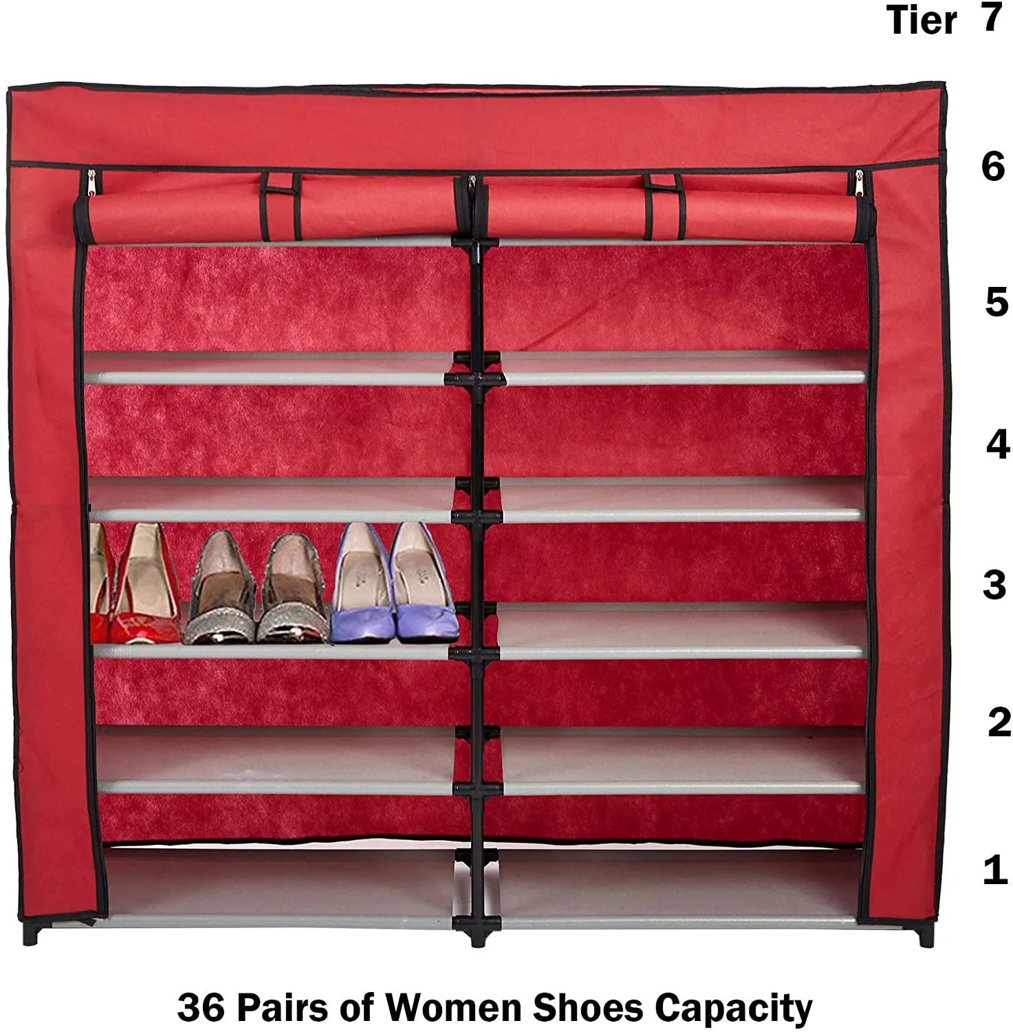 Double Row 7-Tier Shoe Rack Adjustable Closet Organizer with Non-Woven Fabric Cover Clothing Shoes Storage Shelves Cabinet, Red