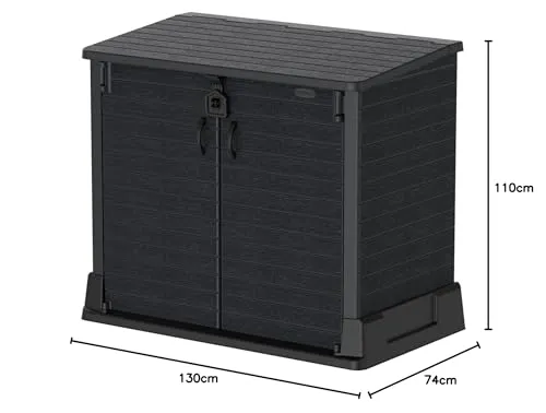 Duramax Cedargrain StoreAway 850L Plastic Garden Storage Shed - Outdoor Storage Shed, Wheelie bin box, Durable Construction, Ideal for Tools, BBQs & 2x 120L Garbage Bins, 130x74x110 cm, Dark Grey