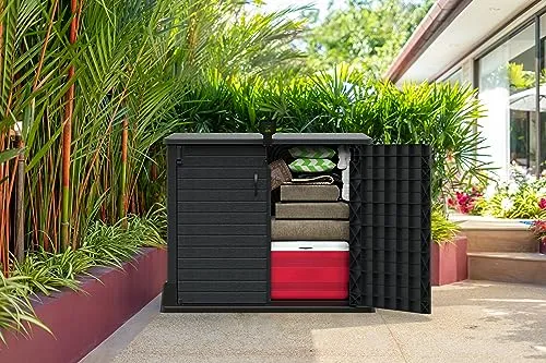 Duramax Cedargrain StoreAway 850L Plastic Garden Storage Shed - Outdoor Storage Shed, Wheelie bin box, Durable Construction, Ideal for Tools, BBQs & 2x 120L Garbage Bins, 130x74x110 cm, Dark Grey