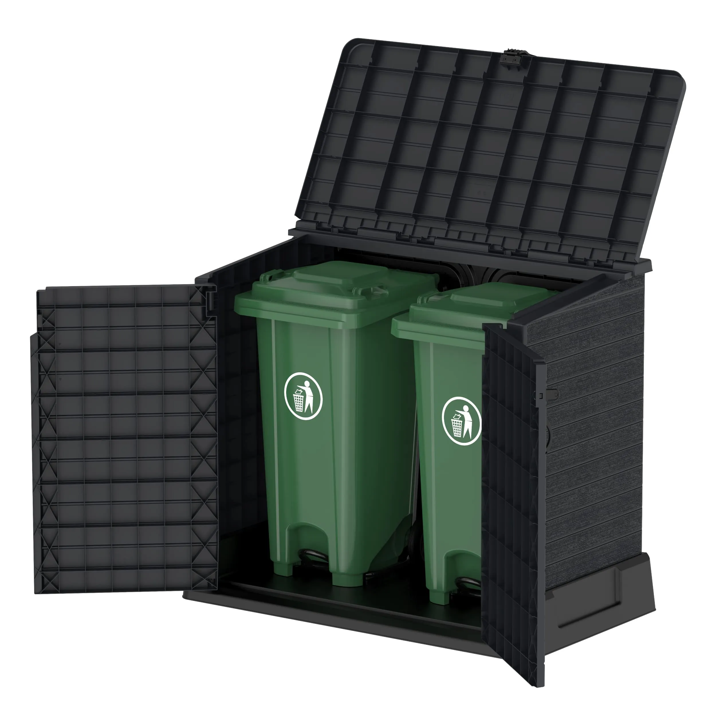 Duramax Cedargrain StoreAway 850L Plastic Garden Storage Shed - Outdoor Storage Shed, Wheelie bin box, Durable Construction, Ideal for Tools, BBQs & 2x 120L Garbage Bins, 130x74x110 cm, Dark Grey