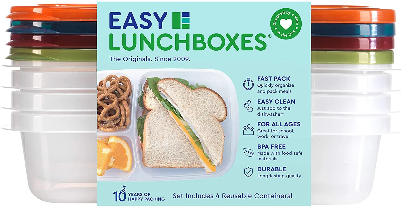 EasyLunchboxes - Bento Lunch Boxes - Reusable 3-Compartment Food Containers for School, Work, and Travel, Set of 4, Brights