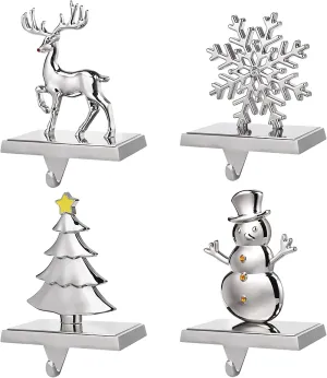 everyday Christmas Stocking Holders, Set of 4 Silver Stocking Hangers Snowman Snowflakes Christmas Tree Deer Mantel Hanger for Fireplace Mantle Christmas Decorations