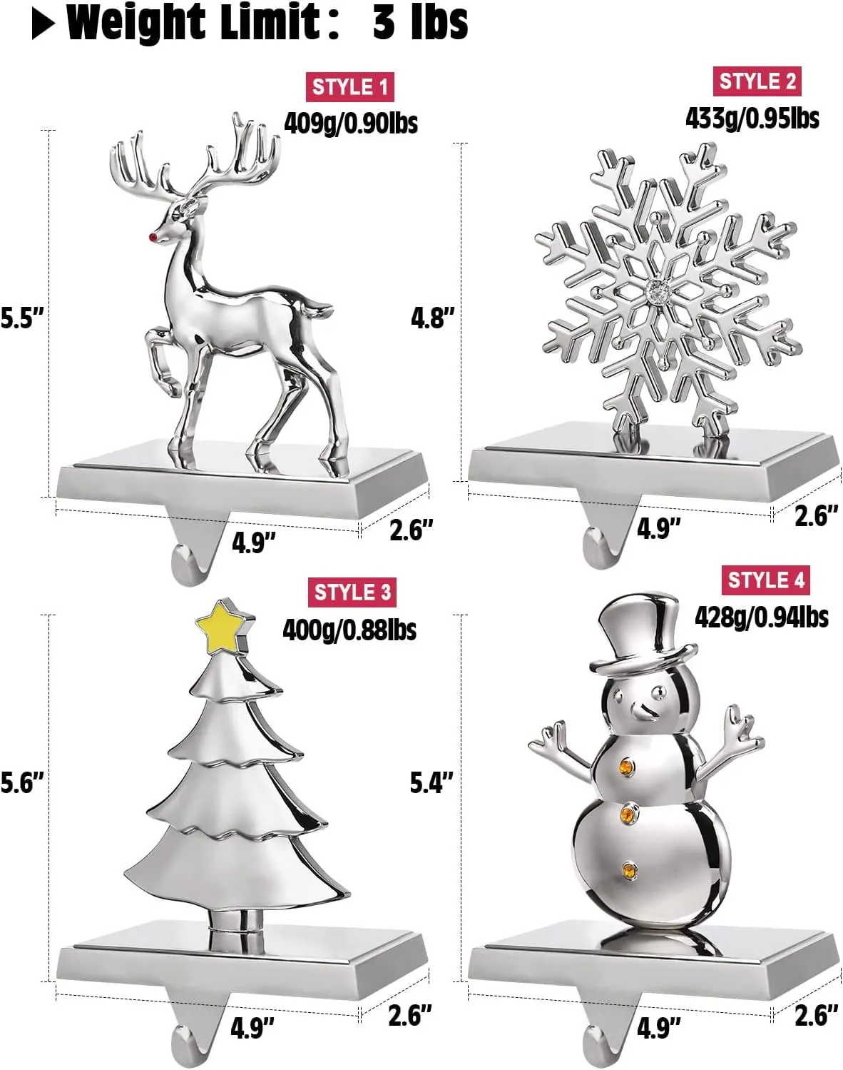 everyday Christmas Stocking Holders, Set of 4 Silver Stocking Hangers Snowman Snowflakes Christmas Tree Deer Mantel Hanger for Fireplace Mantle Christmas Decorations