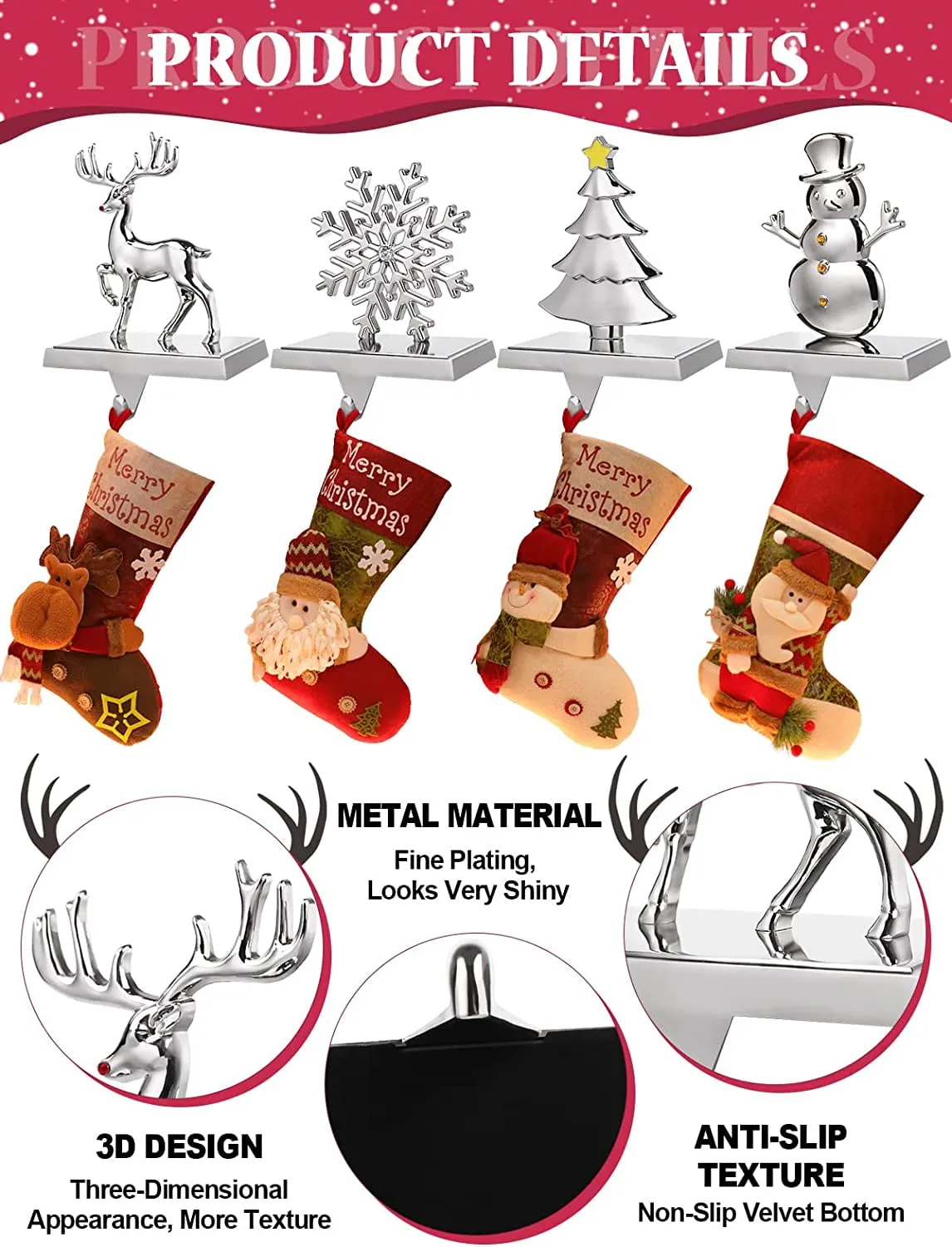 everyday Christmas Stocking Holders, Set of 4 Silver Stocking Hangers Snowman Snowflakes Christmas Tree Deer Mantel Hanger for Fireplace Mantle Christmas Decorations