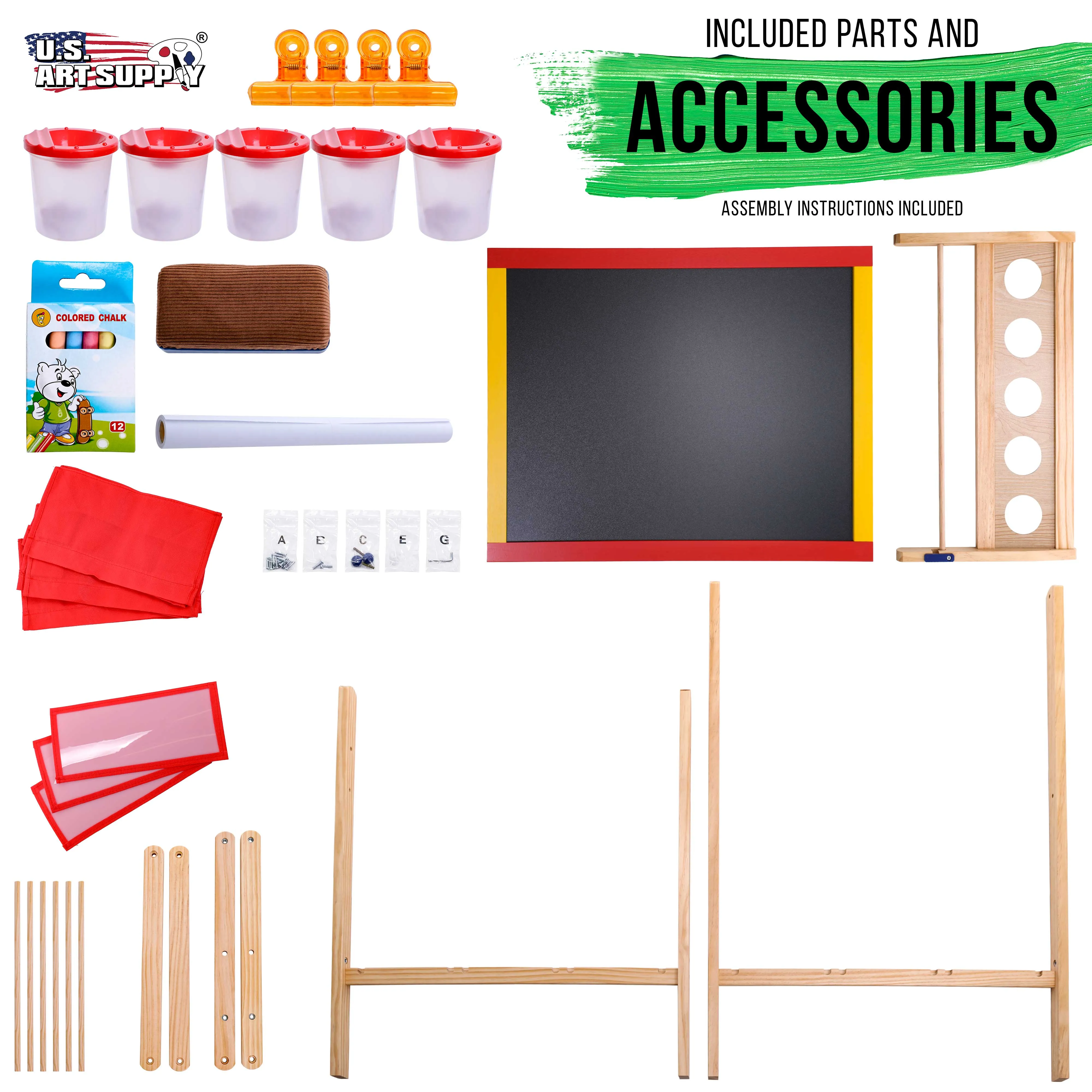 Flip-Over Children's Double-Sided Paint & Drawing Art Easel Board with Chalkboard, Dry Erase Board, Paper Roll, 3 Storage Bins, 5 No-Spill Cups, Chalk