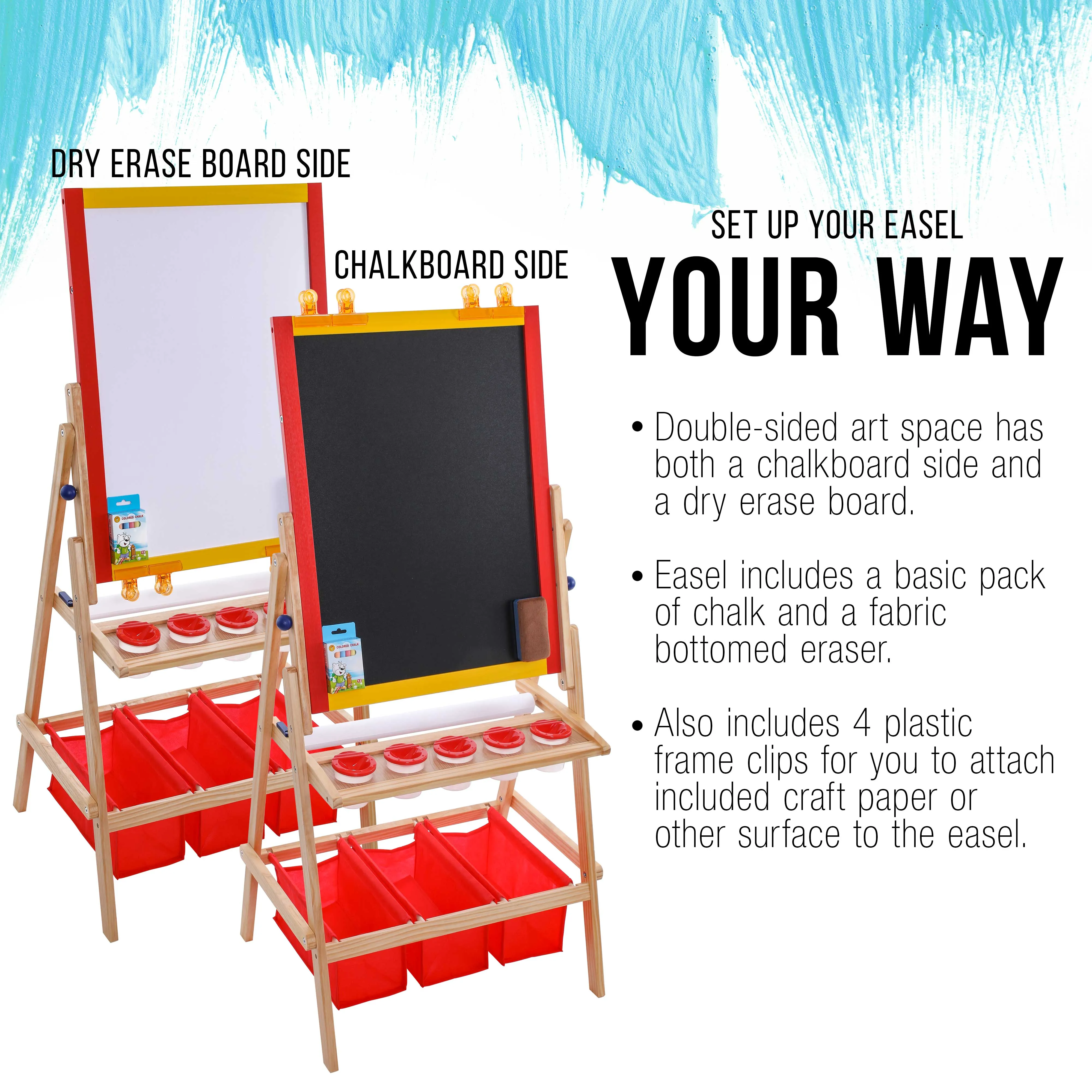 Flip-Over Children's Double-Sided Paint & Drawing Art Easel Board with Chalkboard, Dry Erase Board, Paper Roll, 3 Storage Bins, 5 No-Spill Cups, Chalk