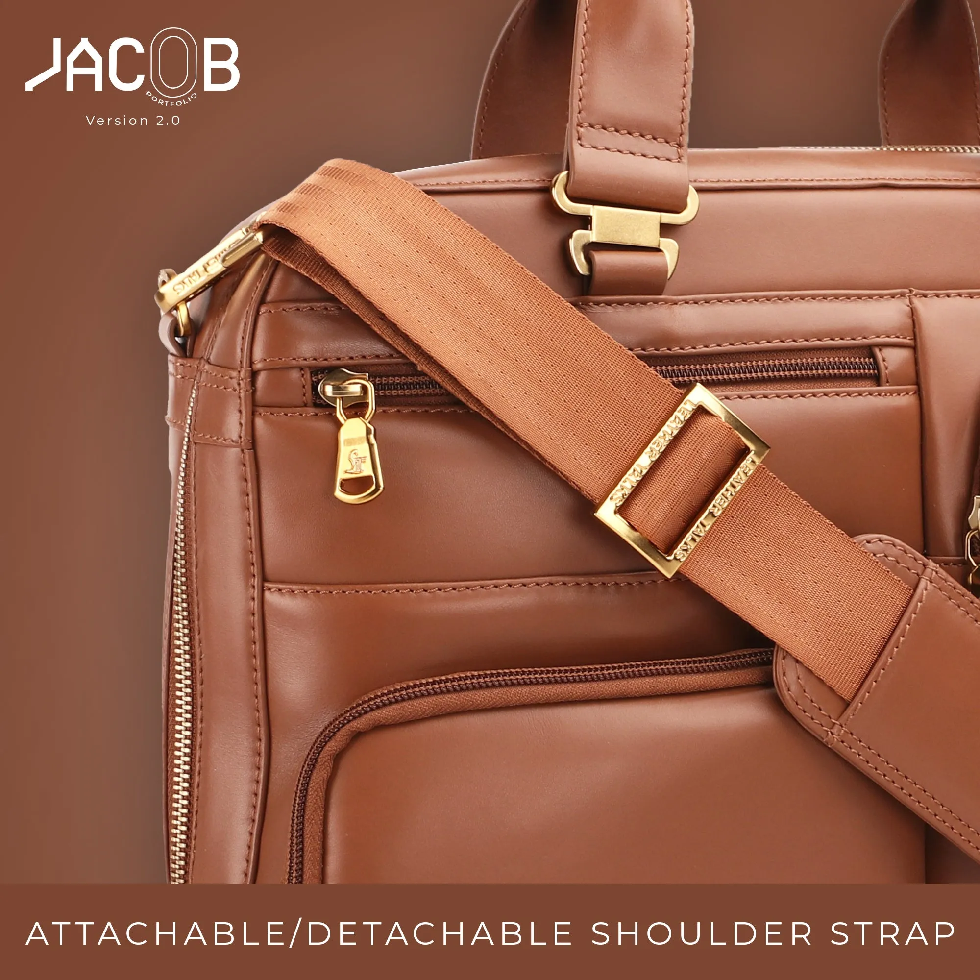 Jacob V 2.0 Luxury Laptop Bag / Briefcase For Office Use | Colour: Tan | Detachable Shoulder Strap | Trolley Strap Included