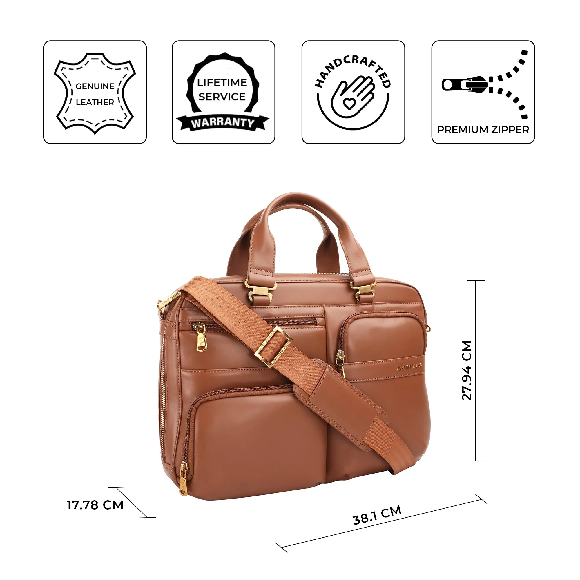 Jacob V 2.0 Luxury Laptop Bag / Briefcase For Office Use | Colour: Tan | Detachable Shoulder Strap | Trolley Strap Included