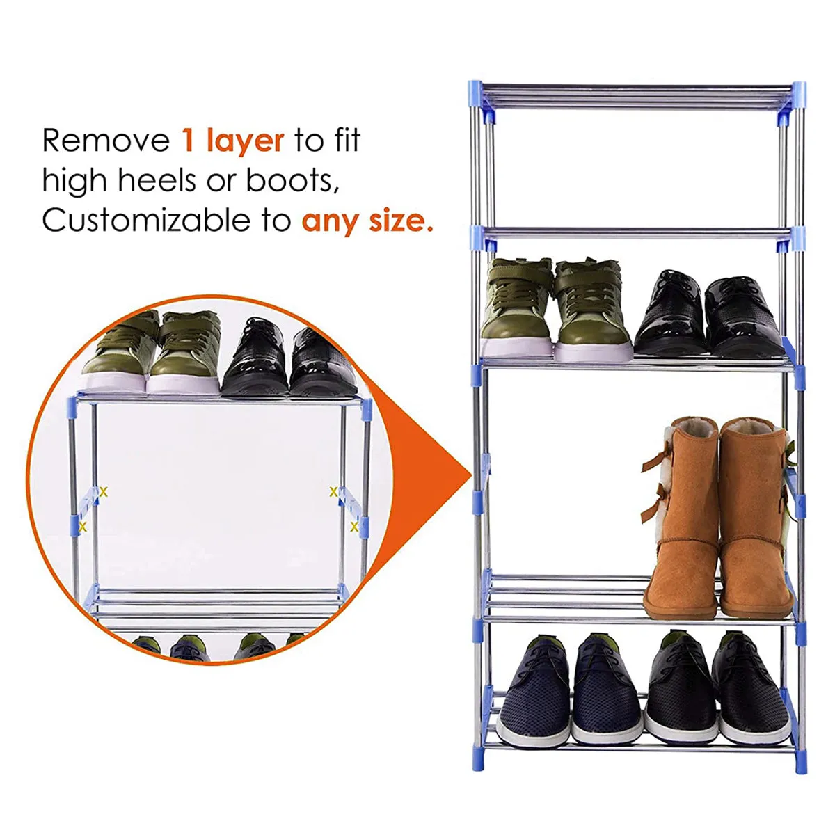 Kawachi 18 Pairs 6-Layer Stainless Steel and Plastic Shoe Stand Multipurpose Book Shelf Toys Storage Rack for Home Office Blue