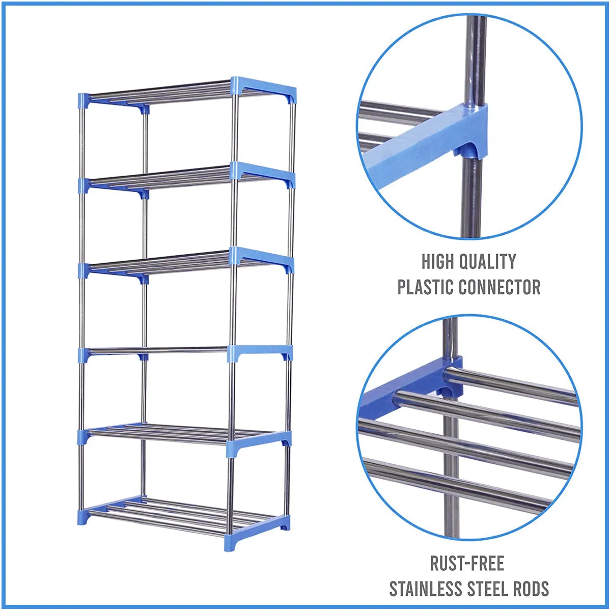 Kawachi 18 Pairs 6-Layer Stainless Steel and Plastic Shoe Stand Multipurpose Book Shelf Toys Storage Rack for Home Office Blue