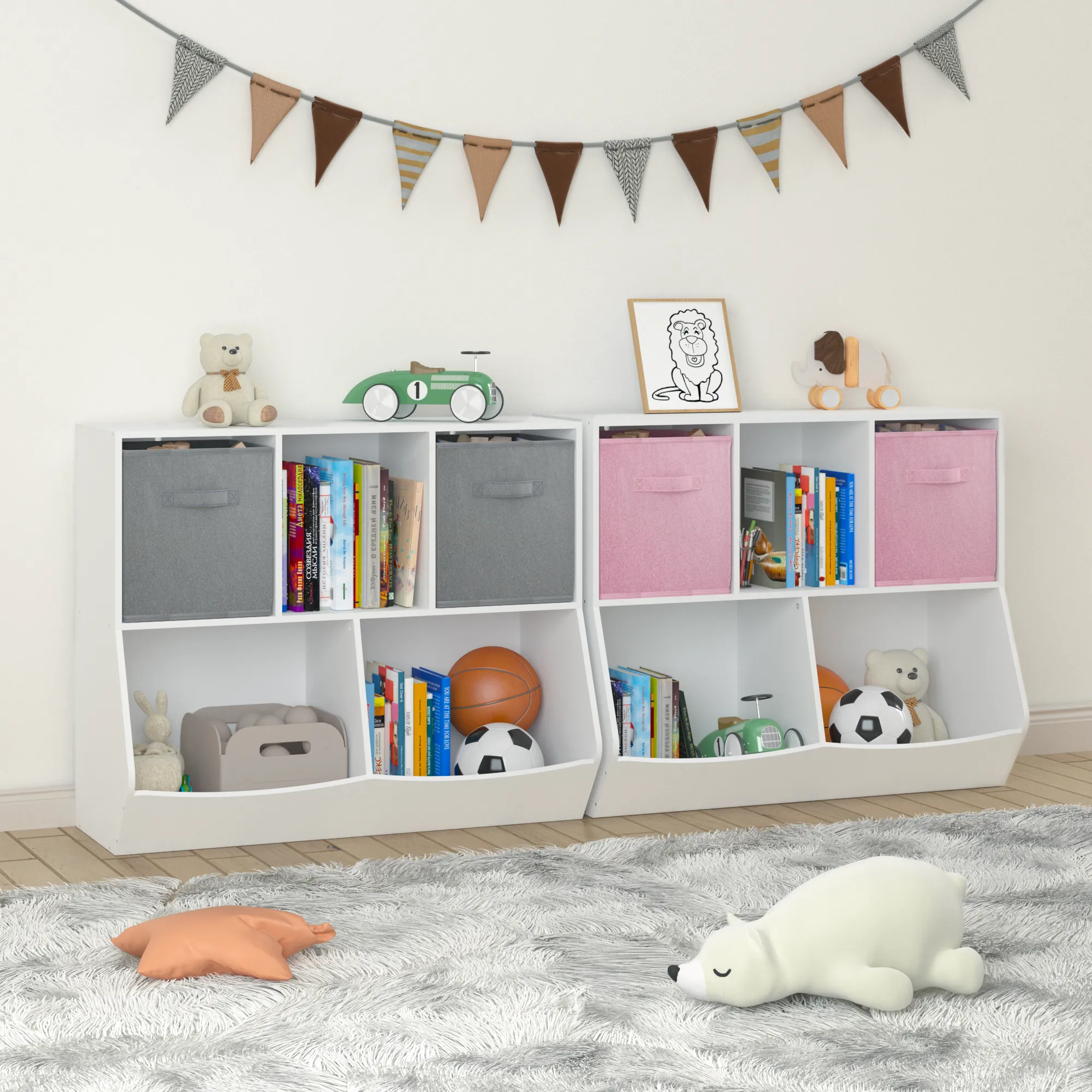 Kids Bookcase with Collapsible Fabric Drawers, Children's Toy Storage Cabinet for Playroom, Bedroom, Nursery, School, White/Gray