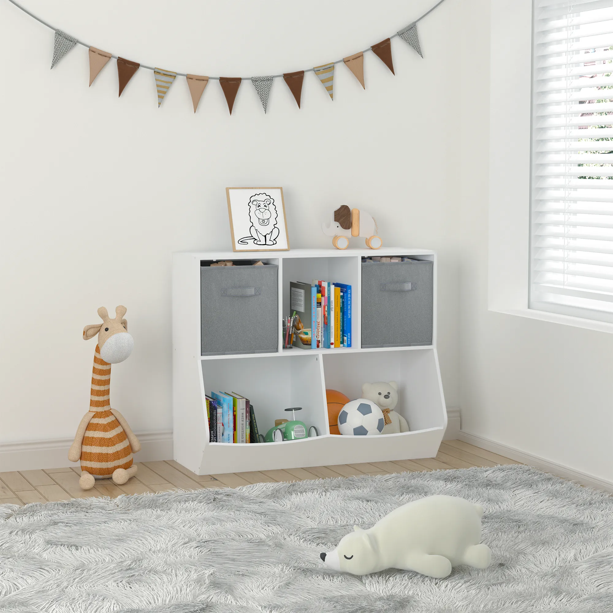 Kids Bookcase with Collapsible Fabric Drawers, Children's Toy Storage Cabinet for Playroom, Bedroom, Nursery, School, White/Gray