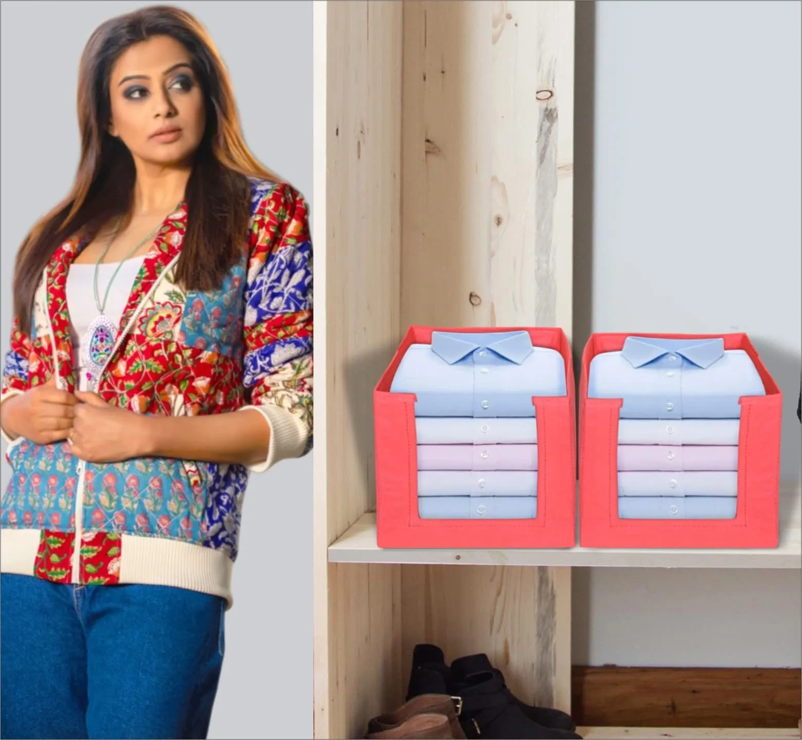 Kuber Industries 4 Piece Non Woven Shirt Stacker Wardrobe Organizer Set, Red-CTKTC31853