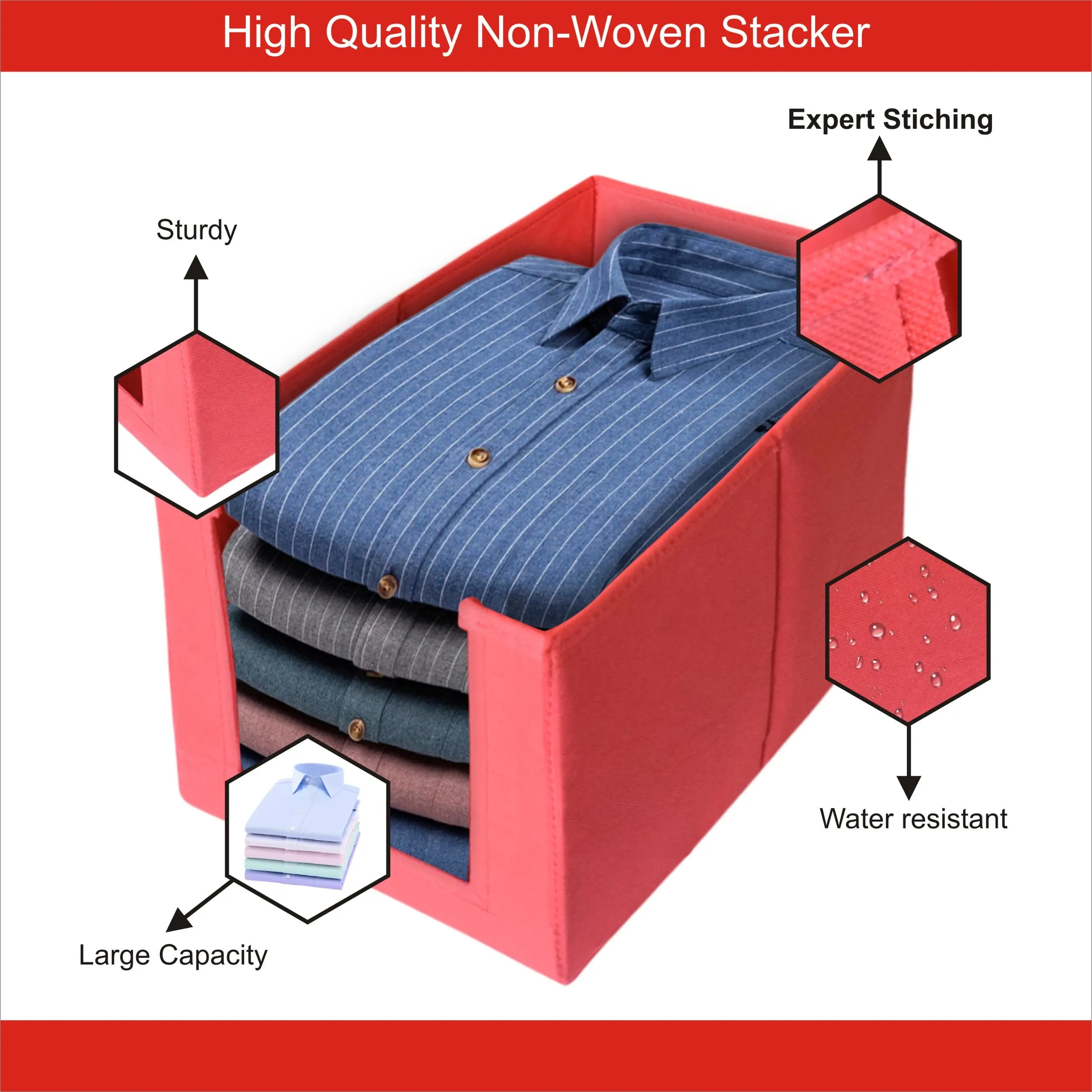 Kuber Industries 4 Piece Non Woven Shirt Stacker Wardrobe Organizer Set, Red-CTKTC31853