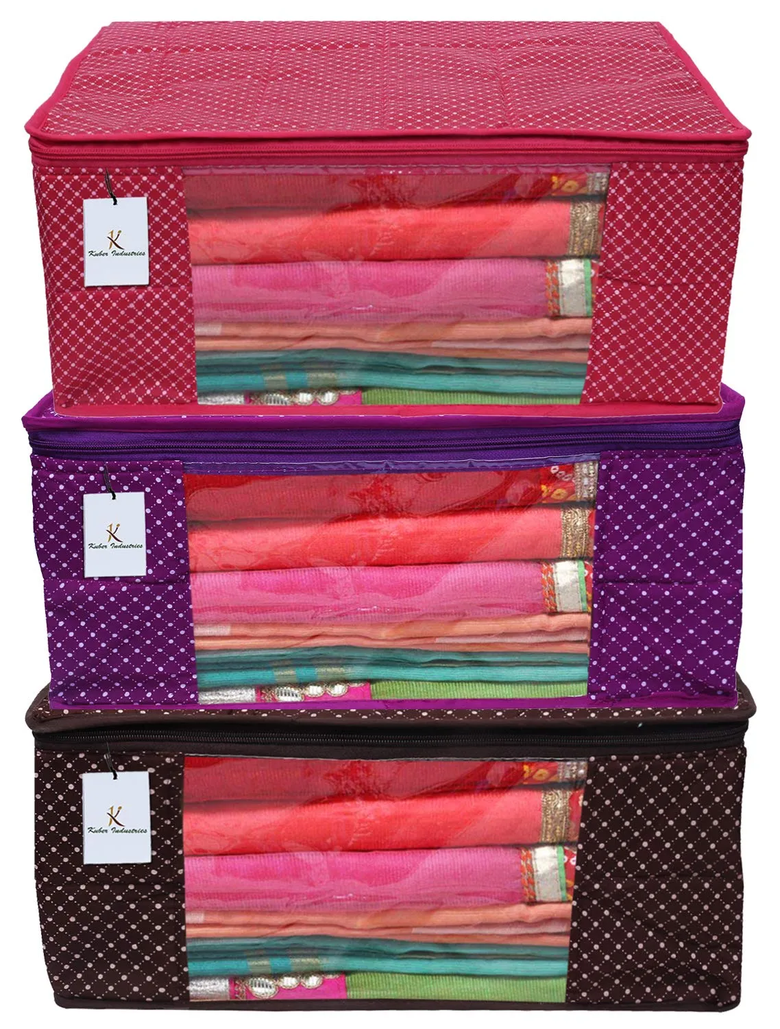 Kuber Industries Cotton 3 Layered Quilted Saree Cover|Polka Dots & Sturdy Material|Zipper Closure & Transparent Window |Pack of 3 (Pink, Purple & Brown)- CTKTC021355