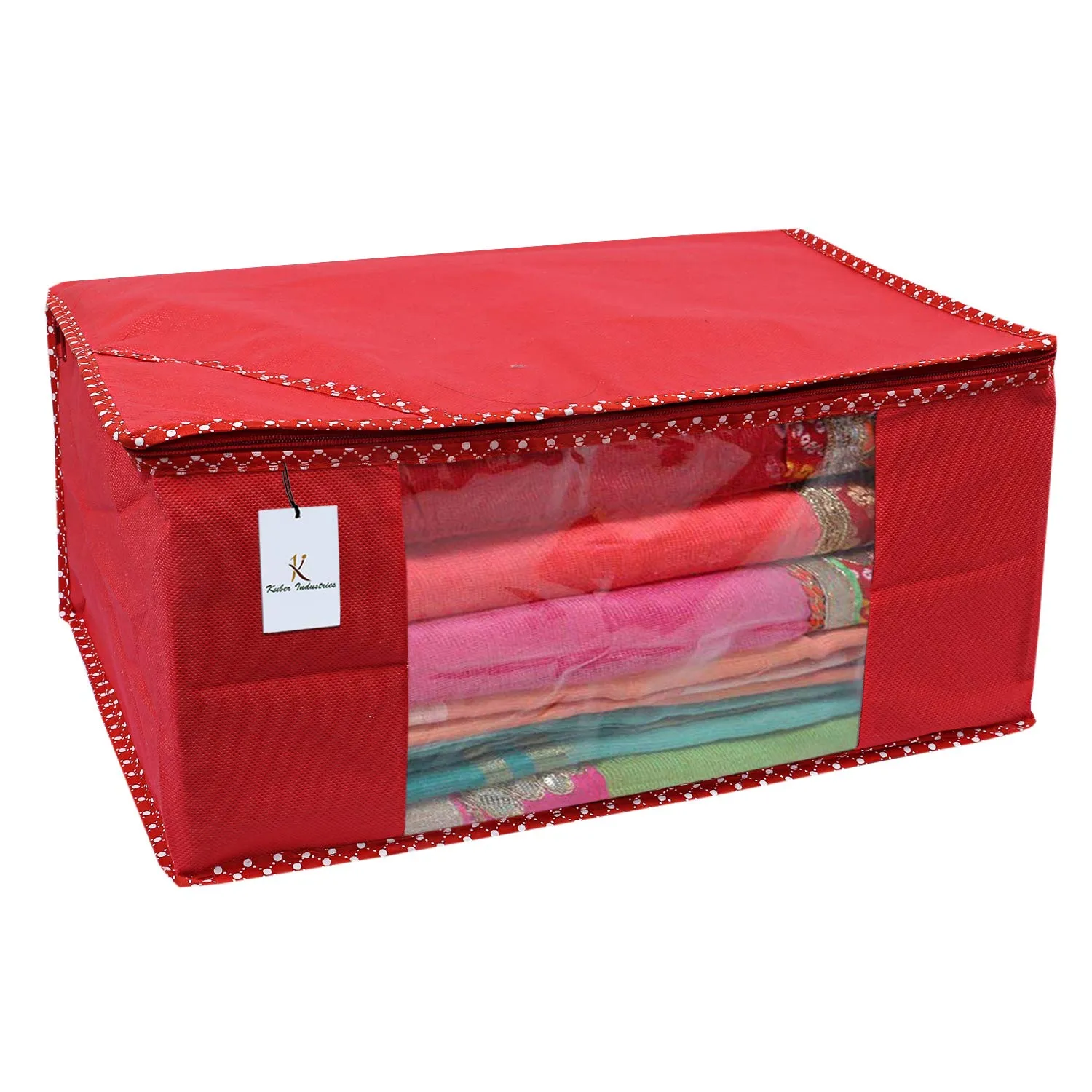 Kuber Industries Non Woven Saree Cover|Transparent Window & Zipper Closure|Regular Cloth Bag|Wardrobe Organiser Set|Pack of 5 (Red)-CTKTC6446