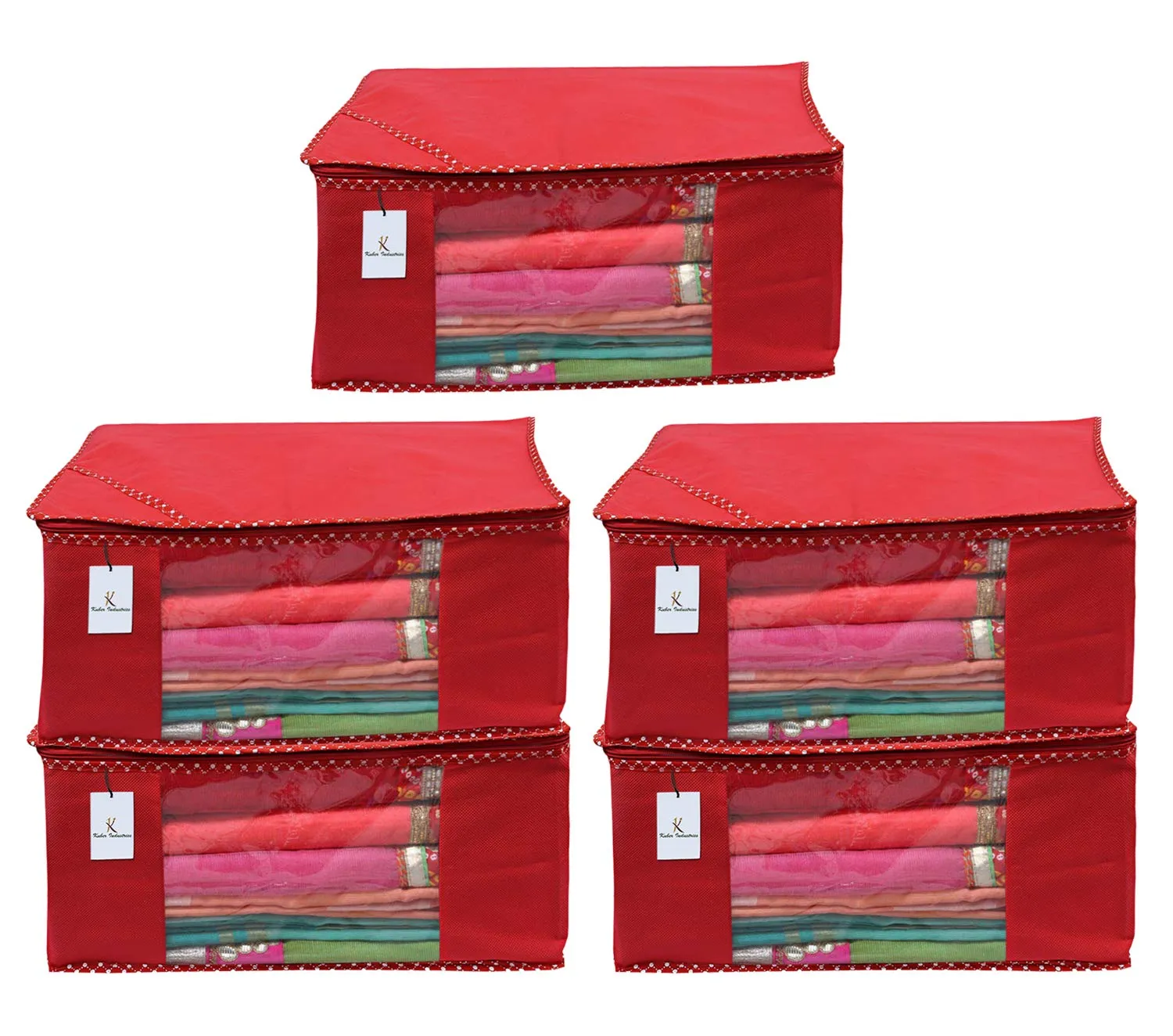 Kuber Industries Non Woven Saree Cover|Transparent Window & Zipper Closure|Regular Cloth Bag|Wardrobe Organiser Set|Pack of 5 (Red)-CTKTC6446