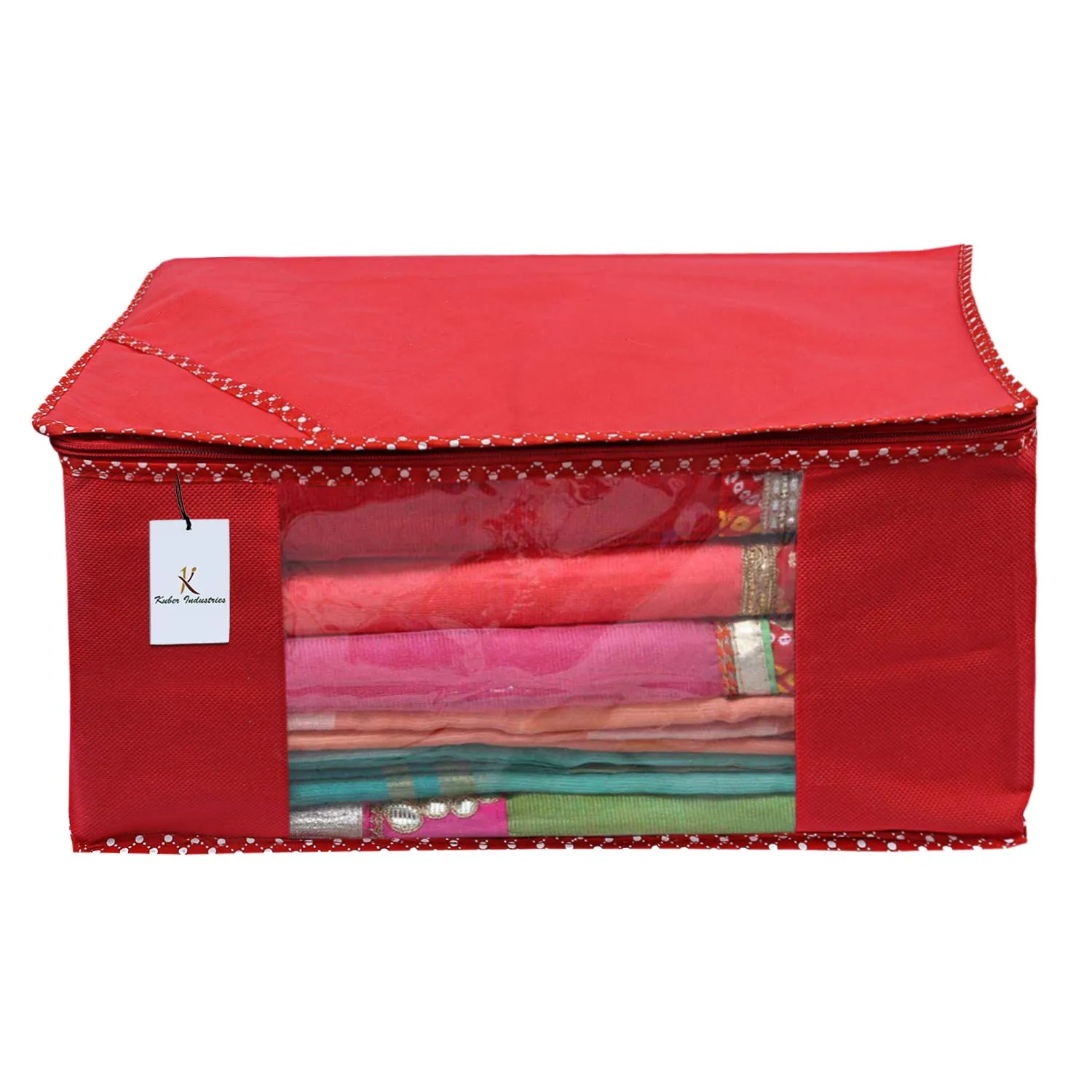 Kuber Industries Non Woven Saree Cover|Transparent Window & Zipper Closure|Regular Cloth Bag|Wardrobe Organiser Set|Pack of 5 (Red)-CTKTC6446