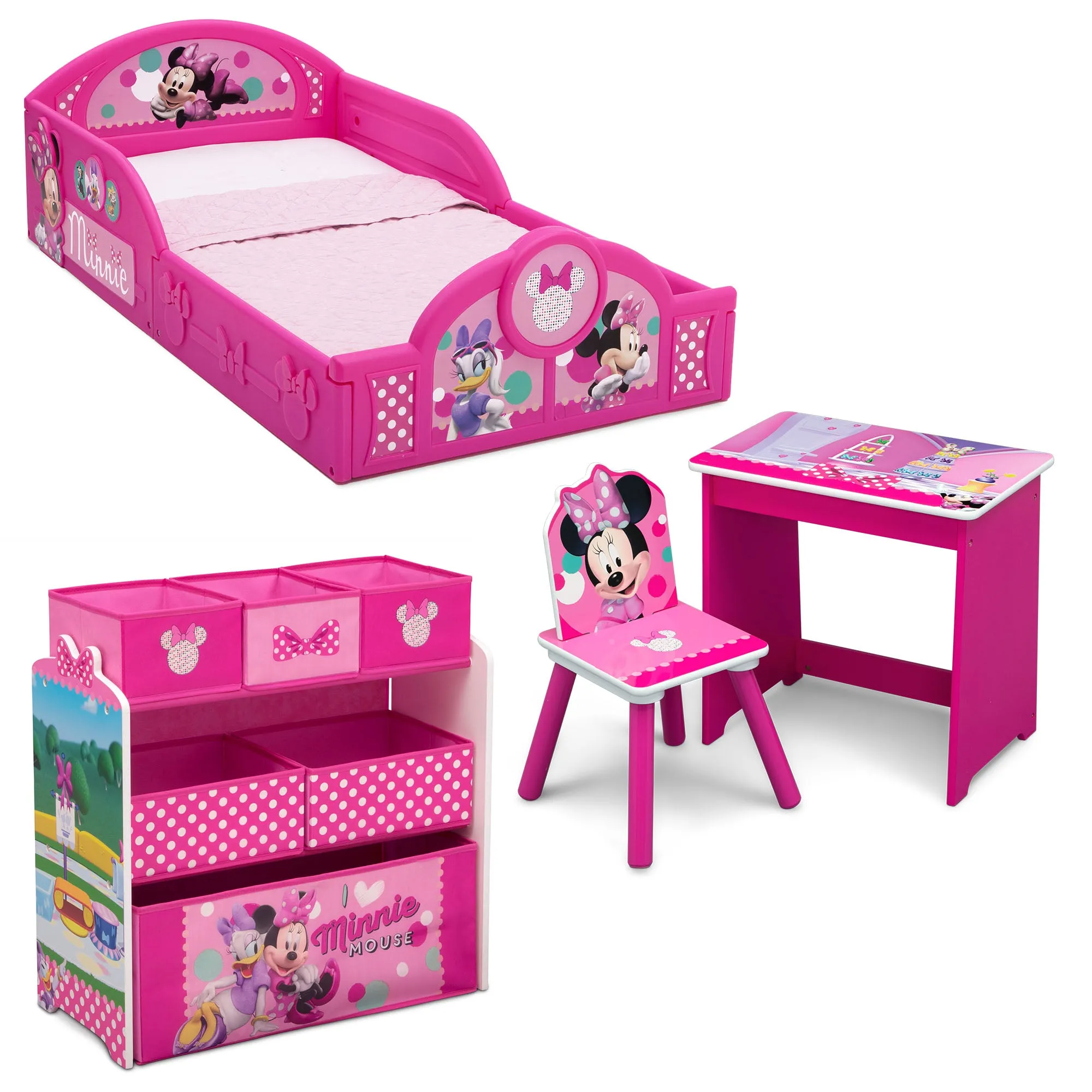 Minnie Mouse 4-Piece Room-in-a-Box Bedroom Set - Includes Toddler Bed, Toy Bin & Desk with Chair