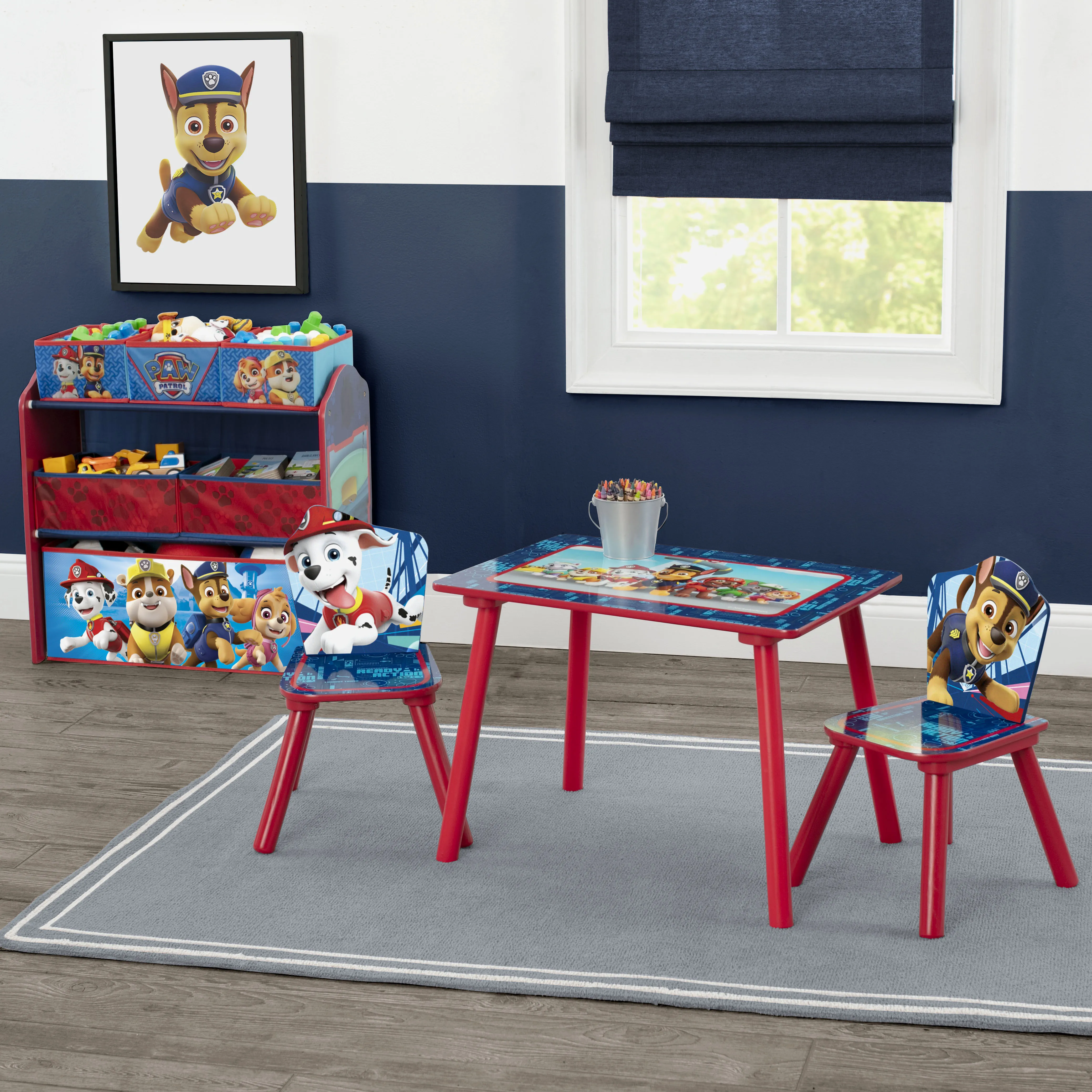 Nick Jr. PAW Patrol 4-Piece Playroom Solution  – Set Includes Table and 2 Chairs and 6-Bin Toy Organizer