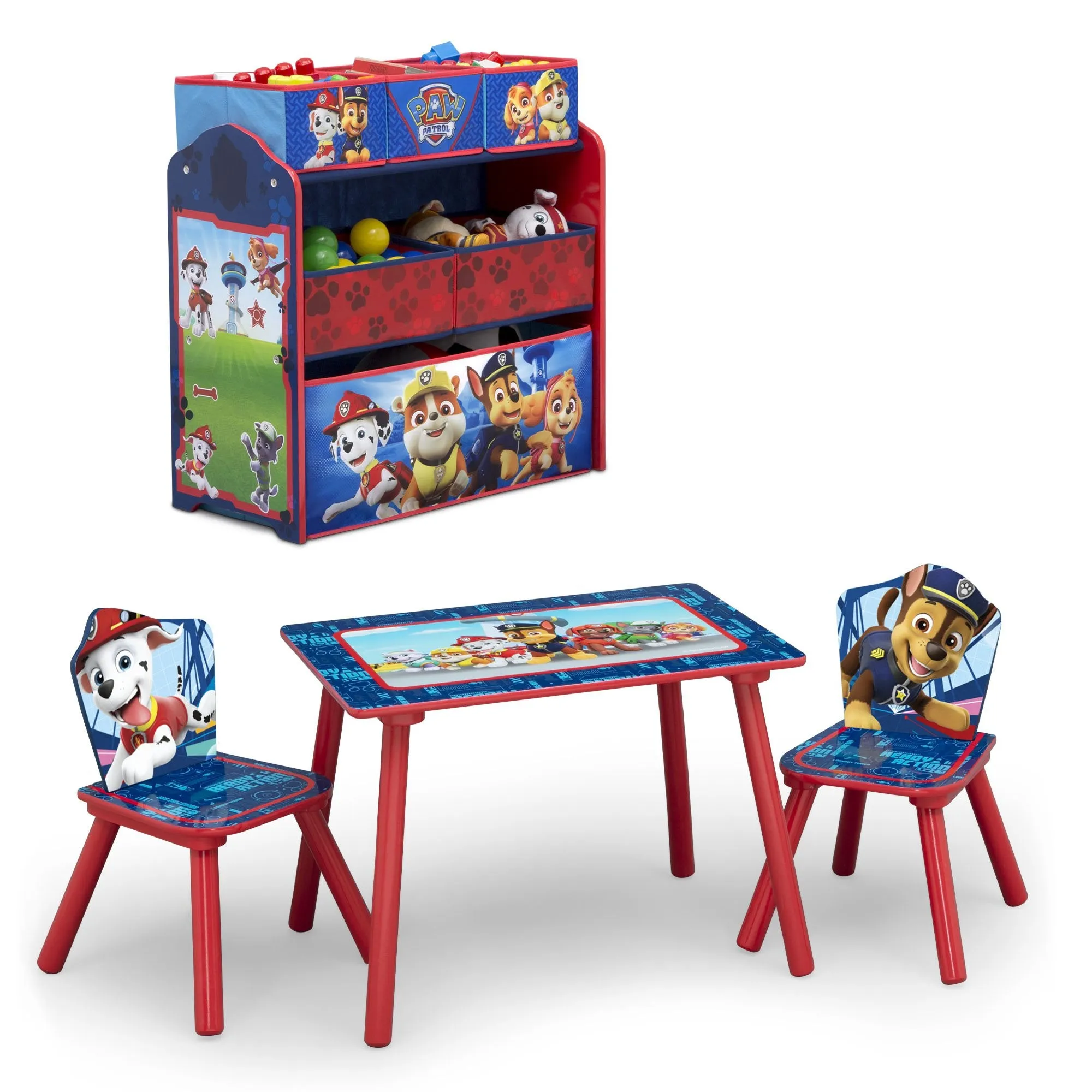 Nick Jr. PAW Patrol 4-Piece Playroom Solution  – Set Includes Table and 2 Chairs and 6-Bin Toy Organizer