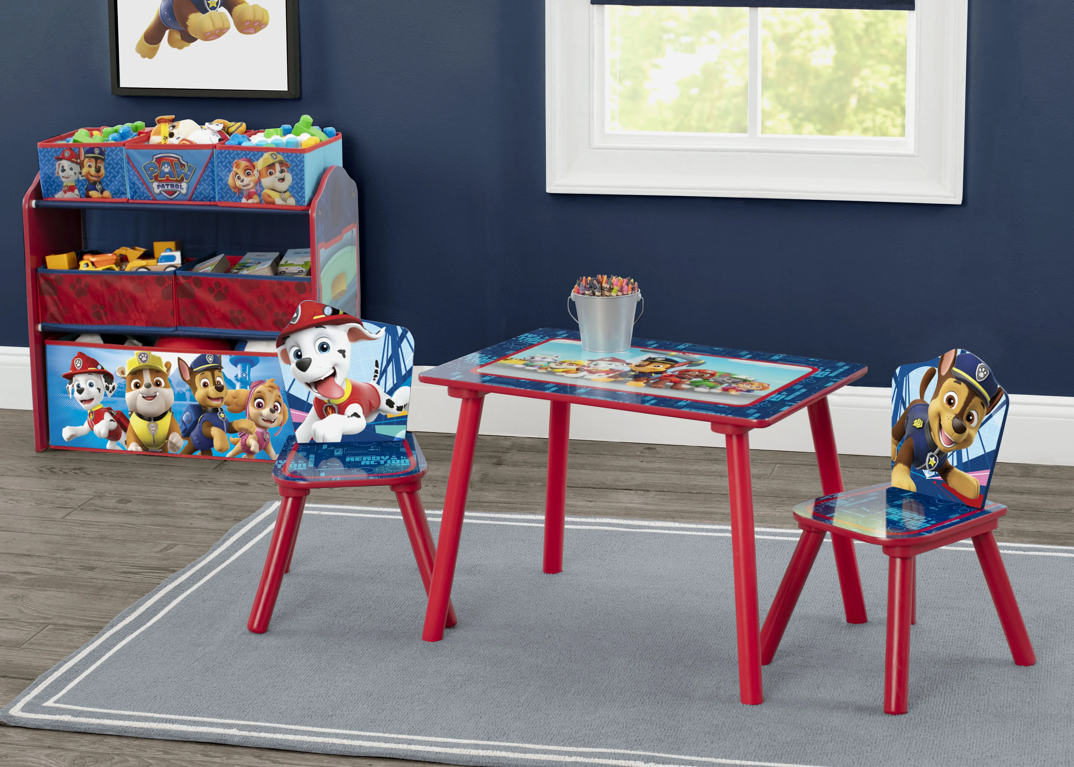 Nick Jr. PAW Patrol 4-Piece Playroom Solution  – Set Includes Table and 2 Chairs and 6-Bin Toy Organizer