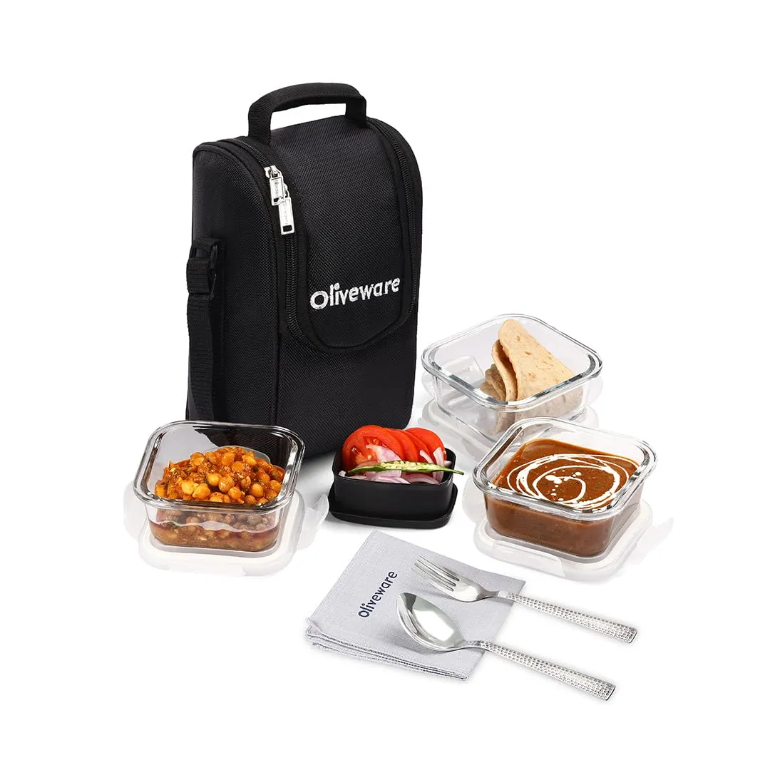 Oliveware Executive Glassware Lunchbox with Steel Cutlery,Borosilicate Glass, Microwave & Freezer Safe, Set of 3 (320ml)-Black