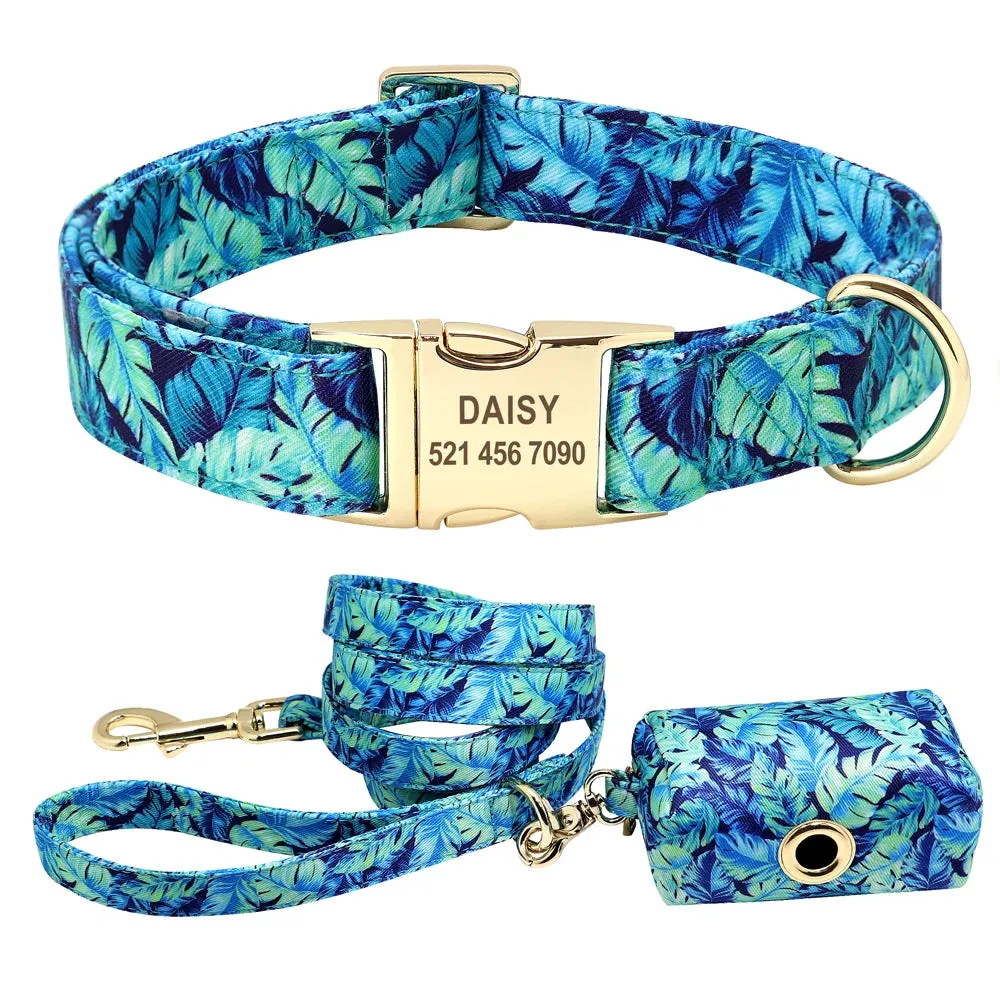 Personalized Dog Collar Leash With Bag Nylon Printed Pet ID Collars Lead Rope Portable Dogs Travel Bag for Snack Whistle Key