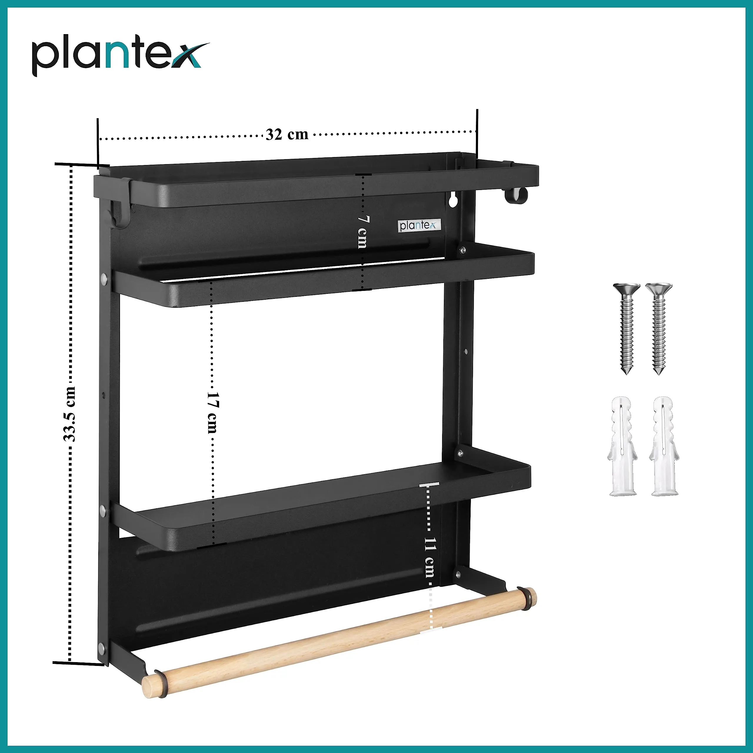 Plantex GI Steel Multi-Purpose Magnetic Shelf for Home/Fridge Organizer Spice Rack with Paper-Towel Holder/Kitchen Rack for Refrigerator - Pack of 1 (Big-Black)