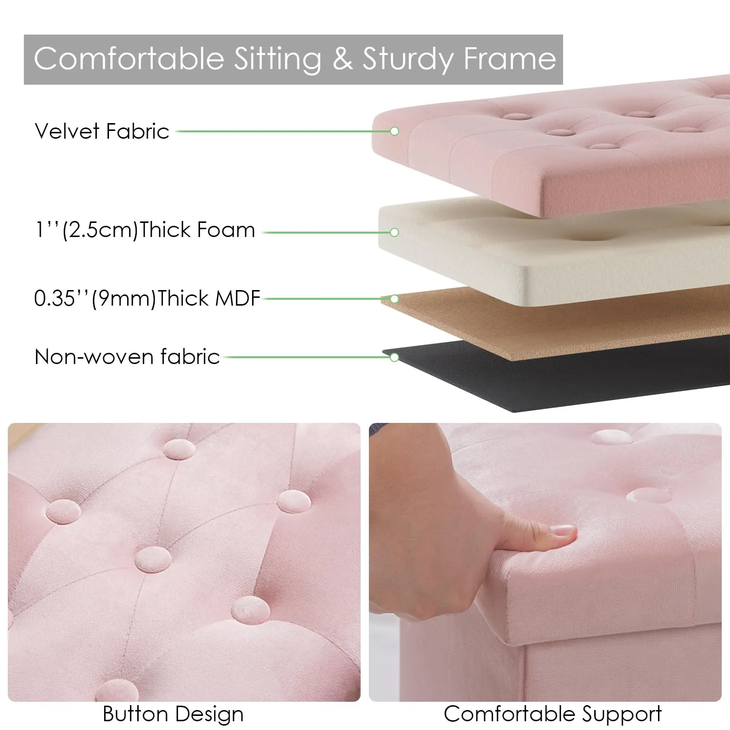 PRANDOM Extra Large Ottoman with Storage [1-Pack] Velvet Folding Small Square Foot Stool with Lid for Toy Living Room Bedroom Coffee Table Dorm Pink 30.5x15x15 inches