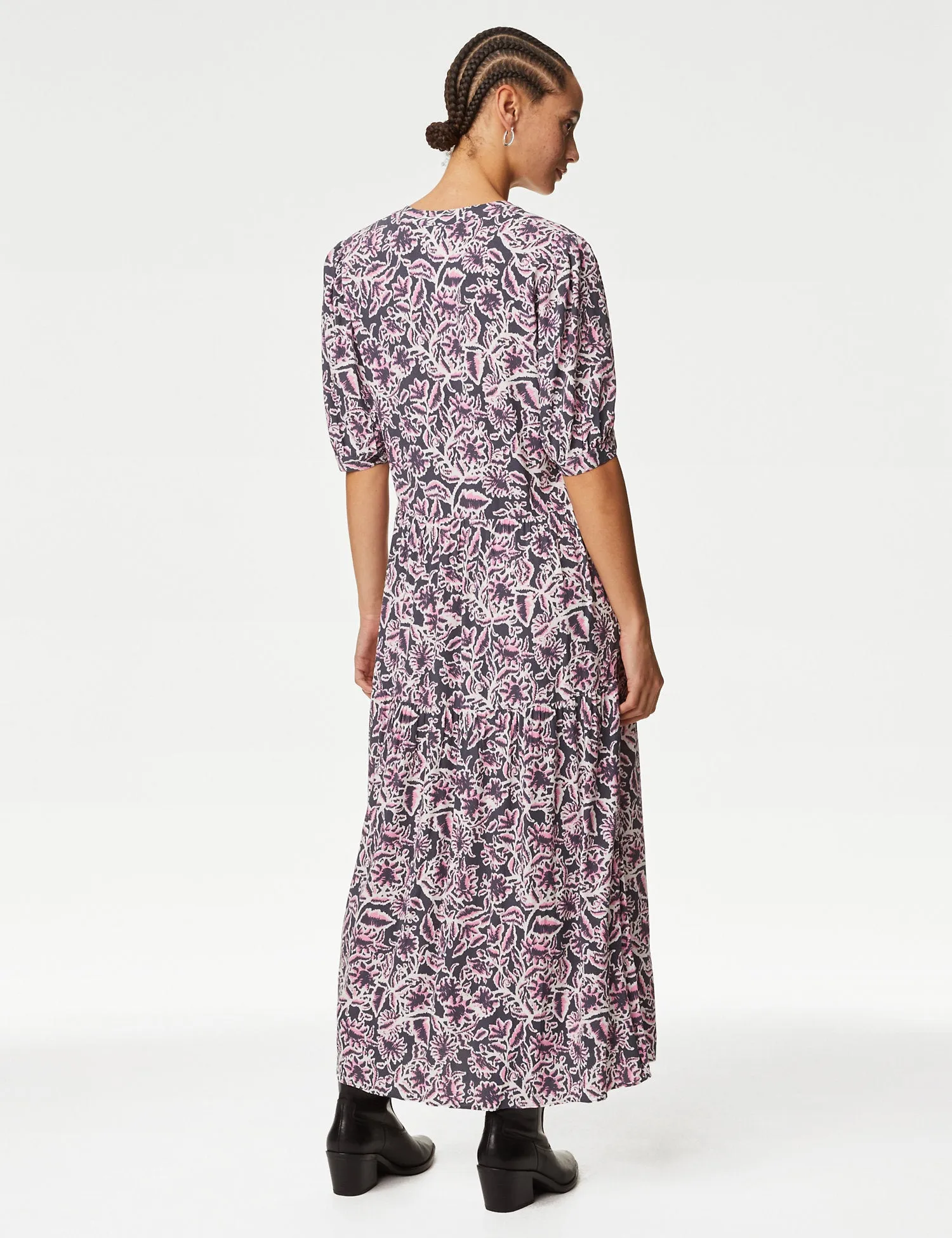 Printed Round Neck Midi Tiered Dress