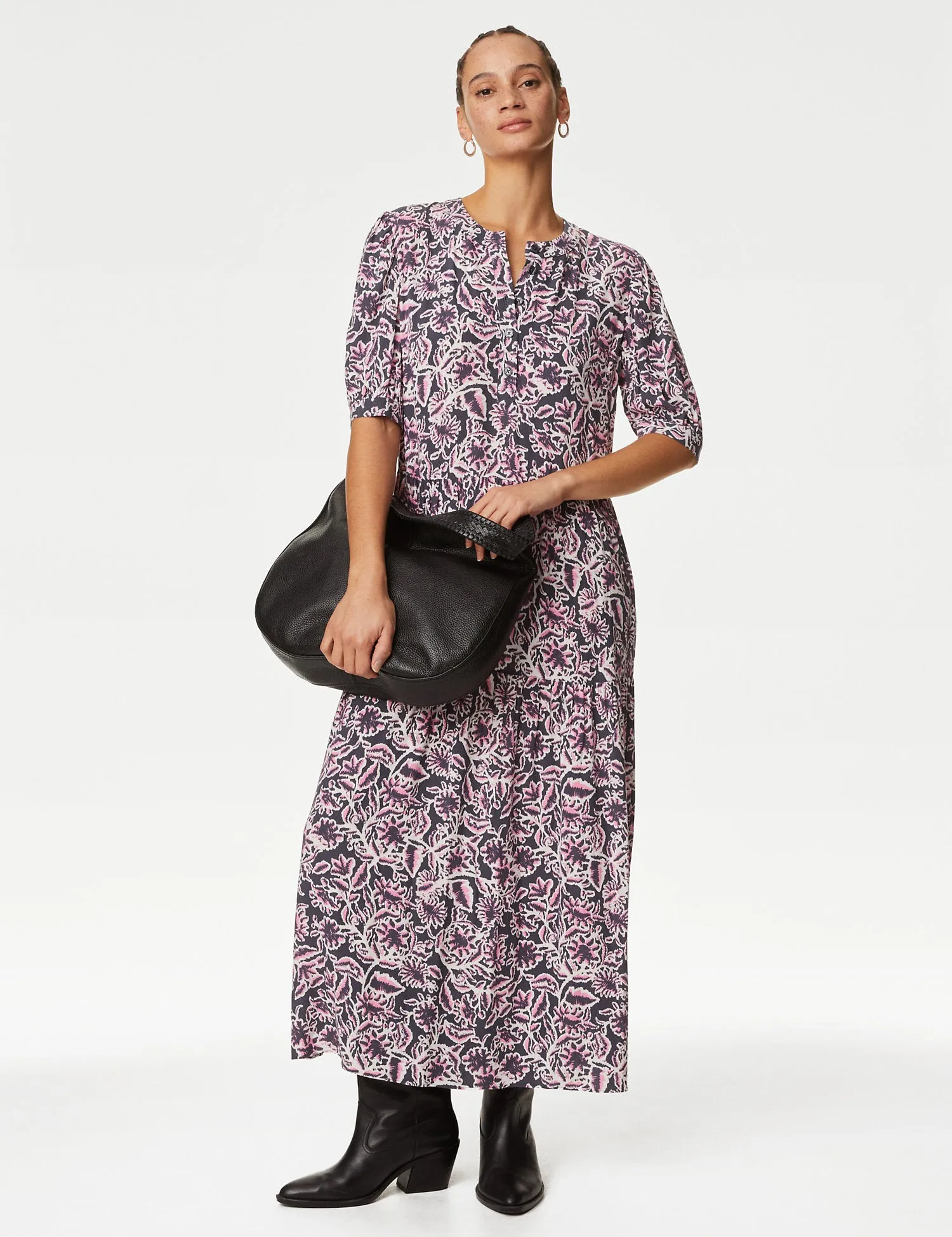 Printed Round Neck Midi Tiered Dress