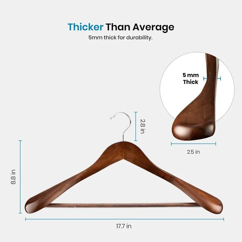 Set of 12 Brown Wood Non-Slip Standard Hanger for Suit, Coat. Curving Hangers Wide Shoulders 360-Degree Swivel Stainless Steel Hook